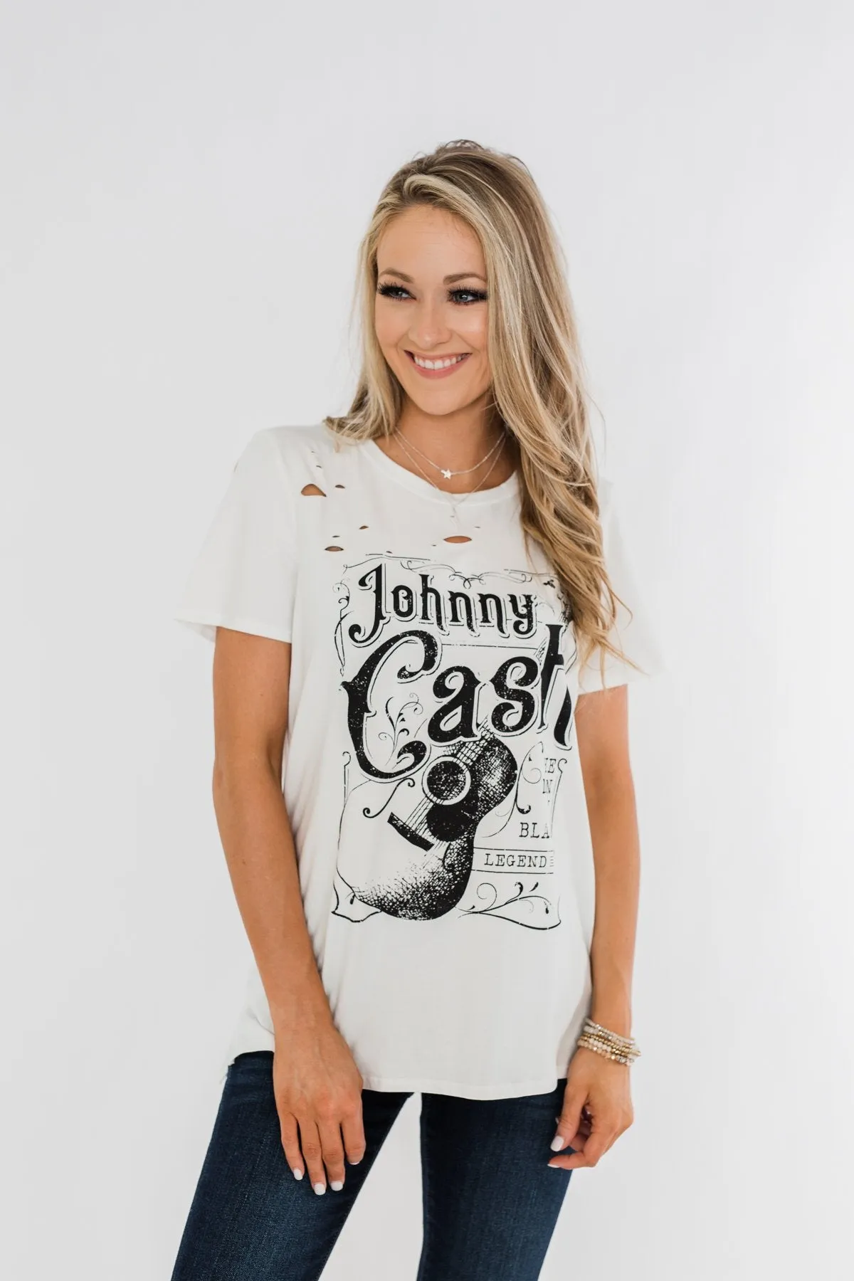"Johnny Cash" Distressed Graphic Top- Off White