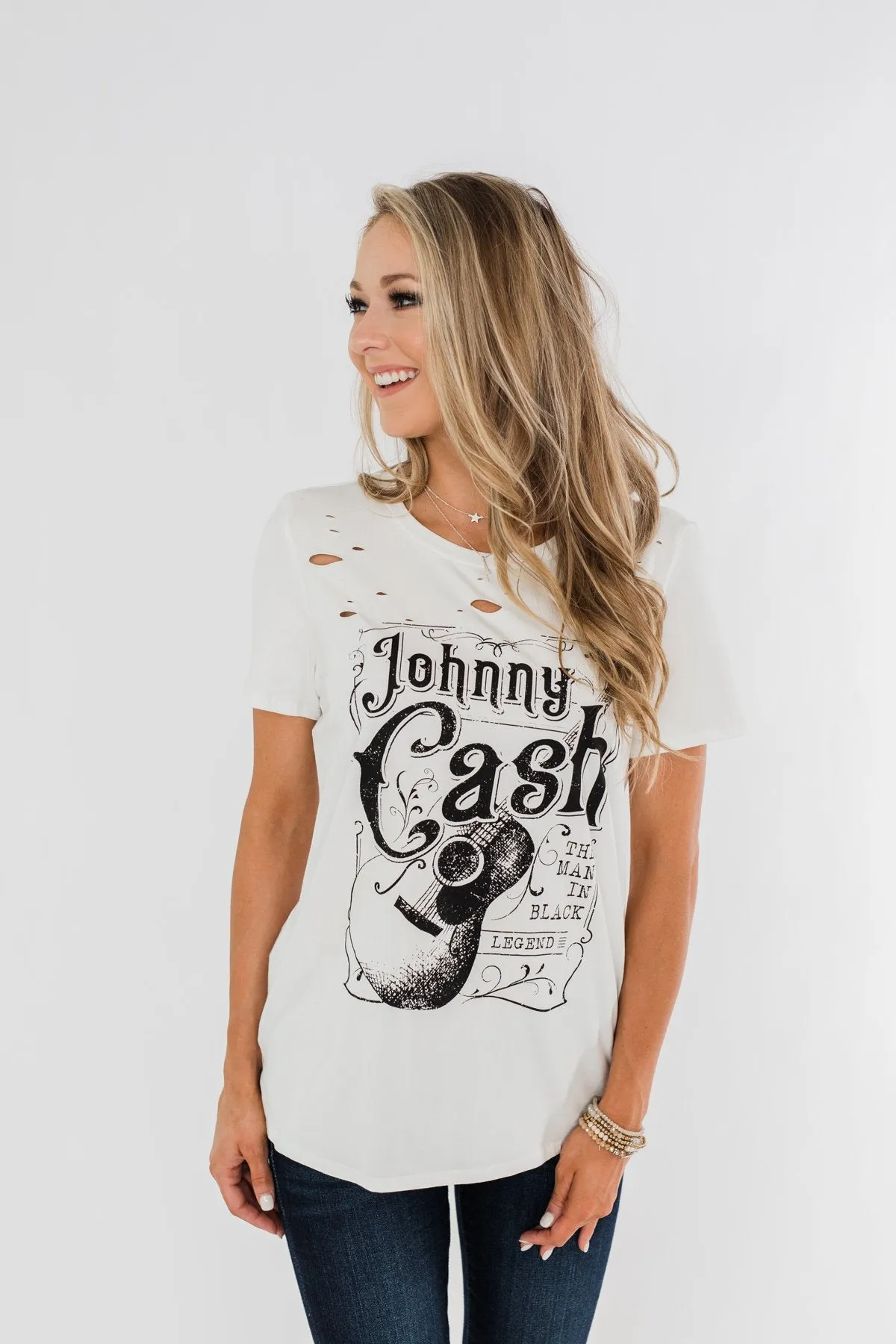"Johnny Cash" Distressed Graphic Top- Off White