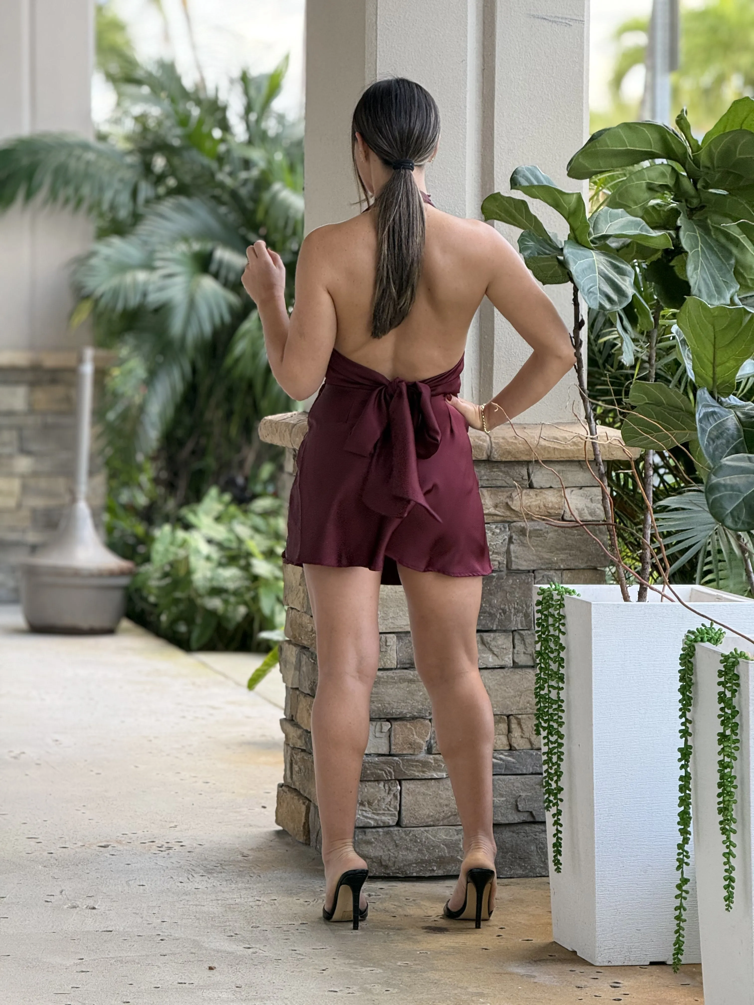 "Josefina" Back Bow Tie Sating Halter Mini Dress