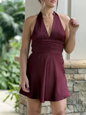 "Josefina" Back Bow Tie Sating Halter Mini Dress