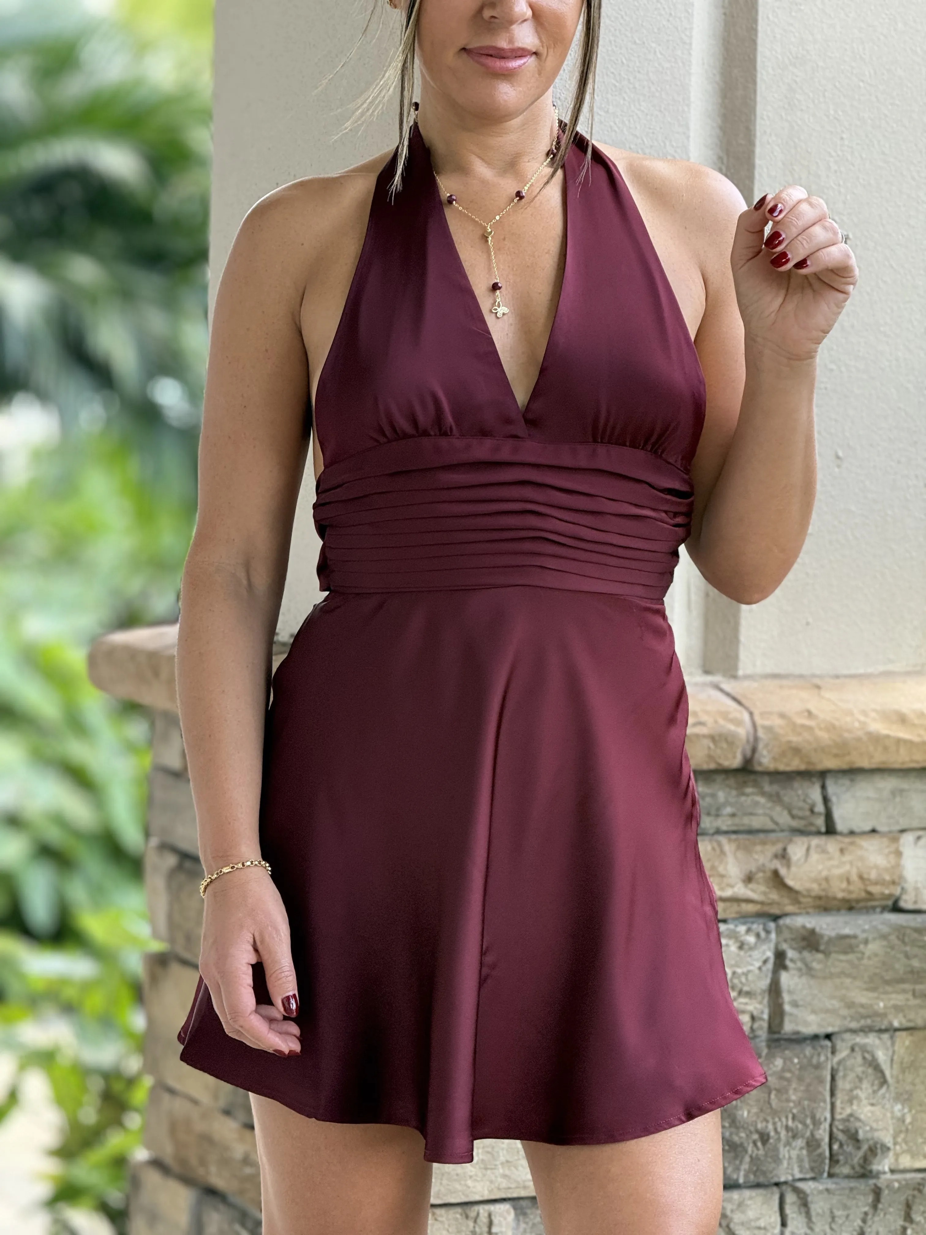 "Josefina" Back Bow Tie Sating Halter Mini Dress