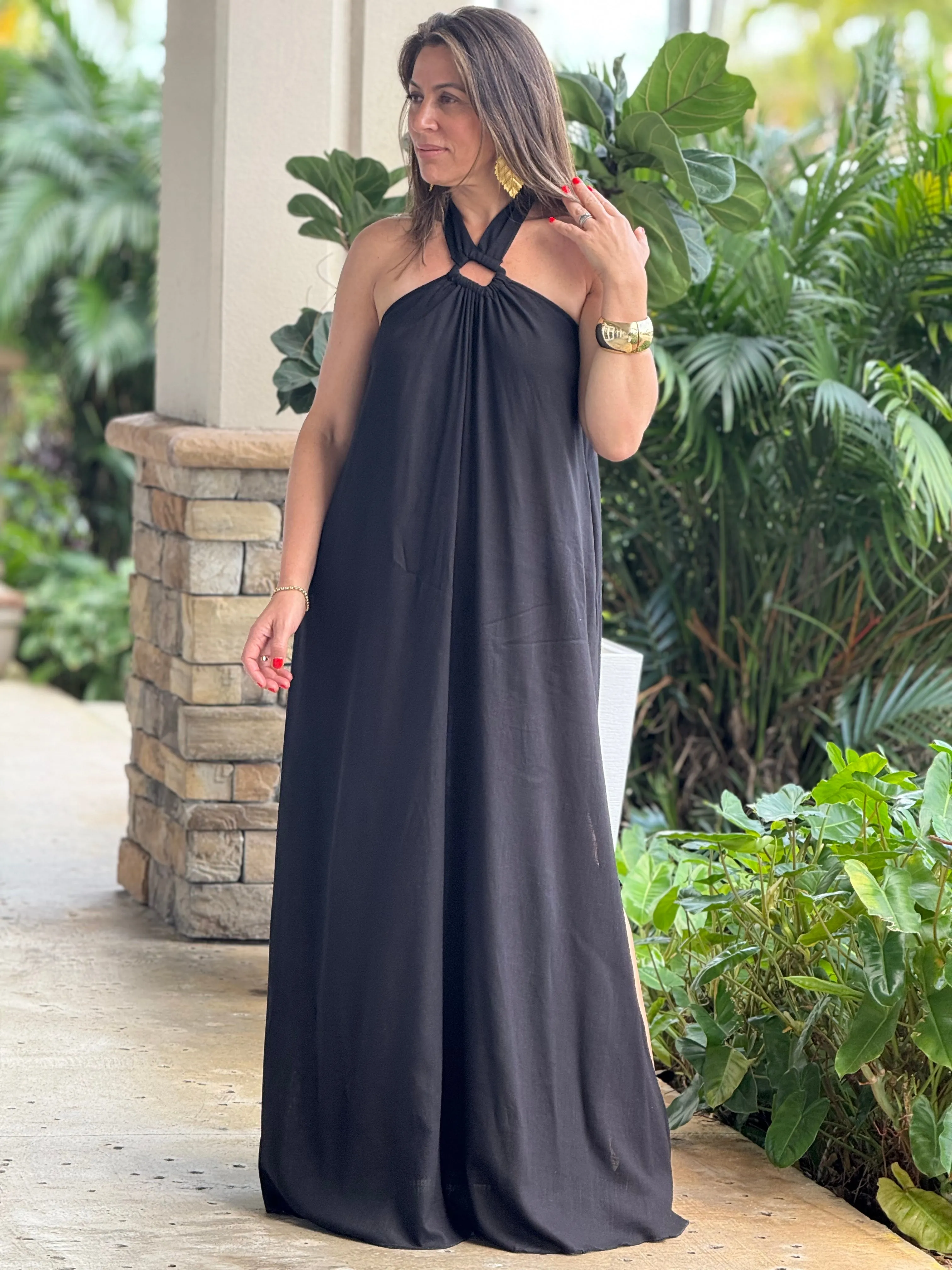"Monique" Backless Linen Halter Maxi Dress