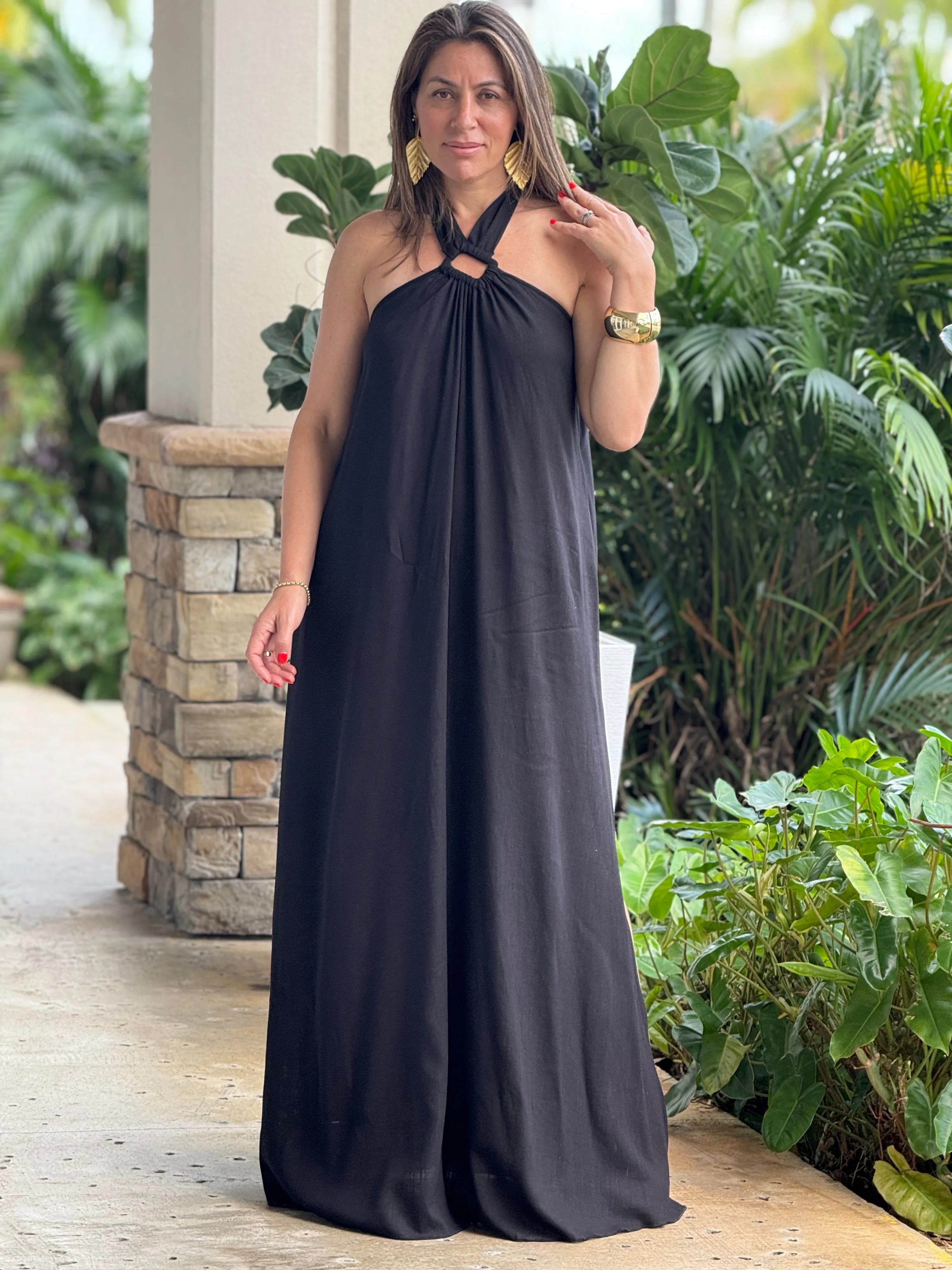 "Monique" Backless Linen Halter Maxi Dress