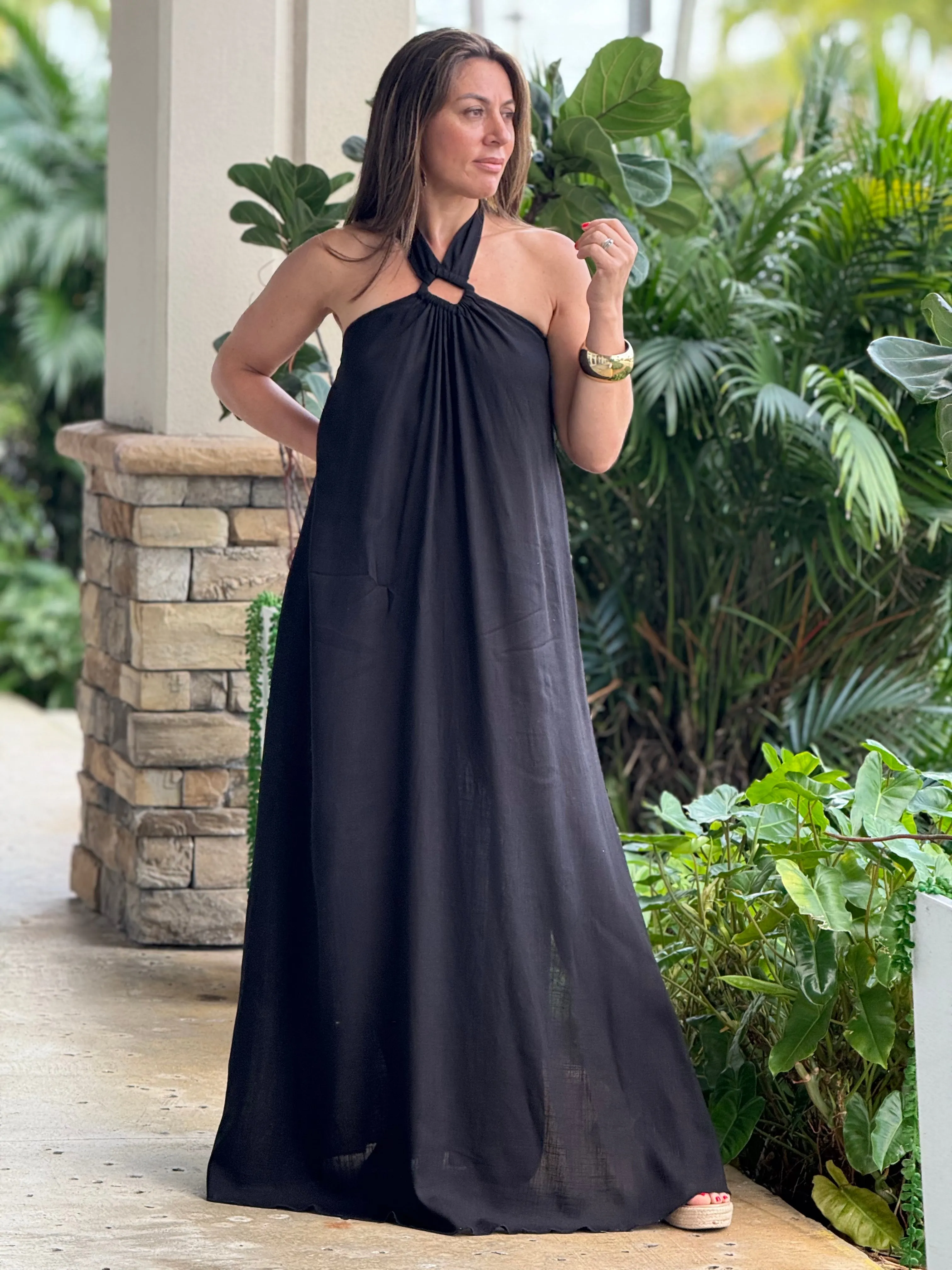 "Monique" Backless Linen Halter Maxi Dress