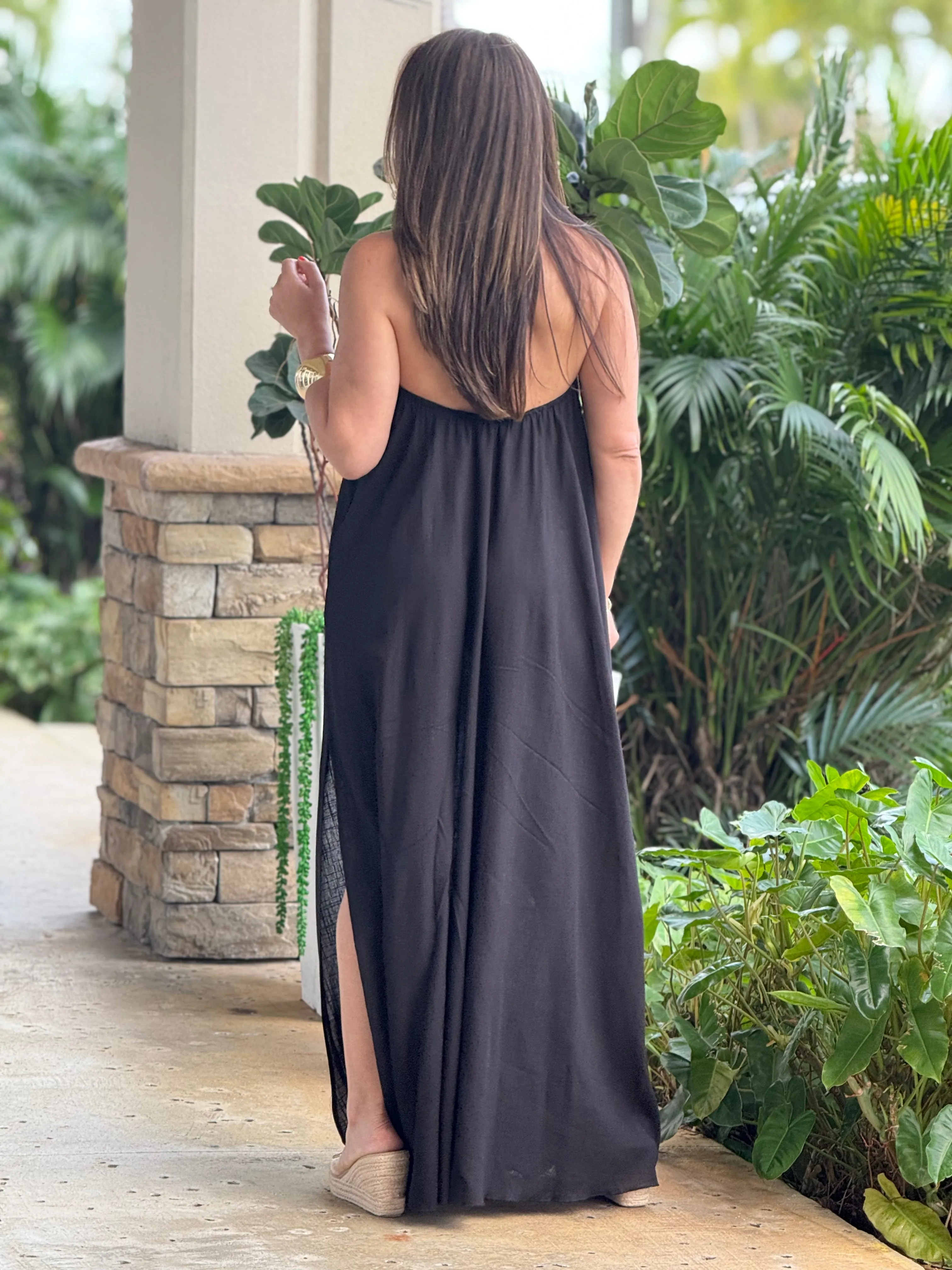 "Monique" Backless Linen Halter Maxi Dress
