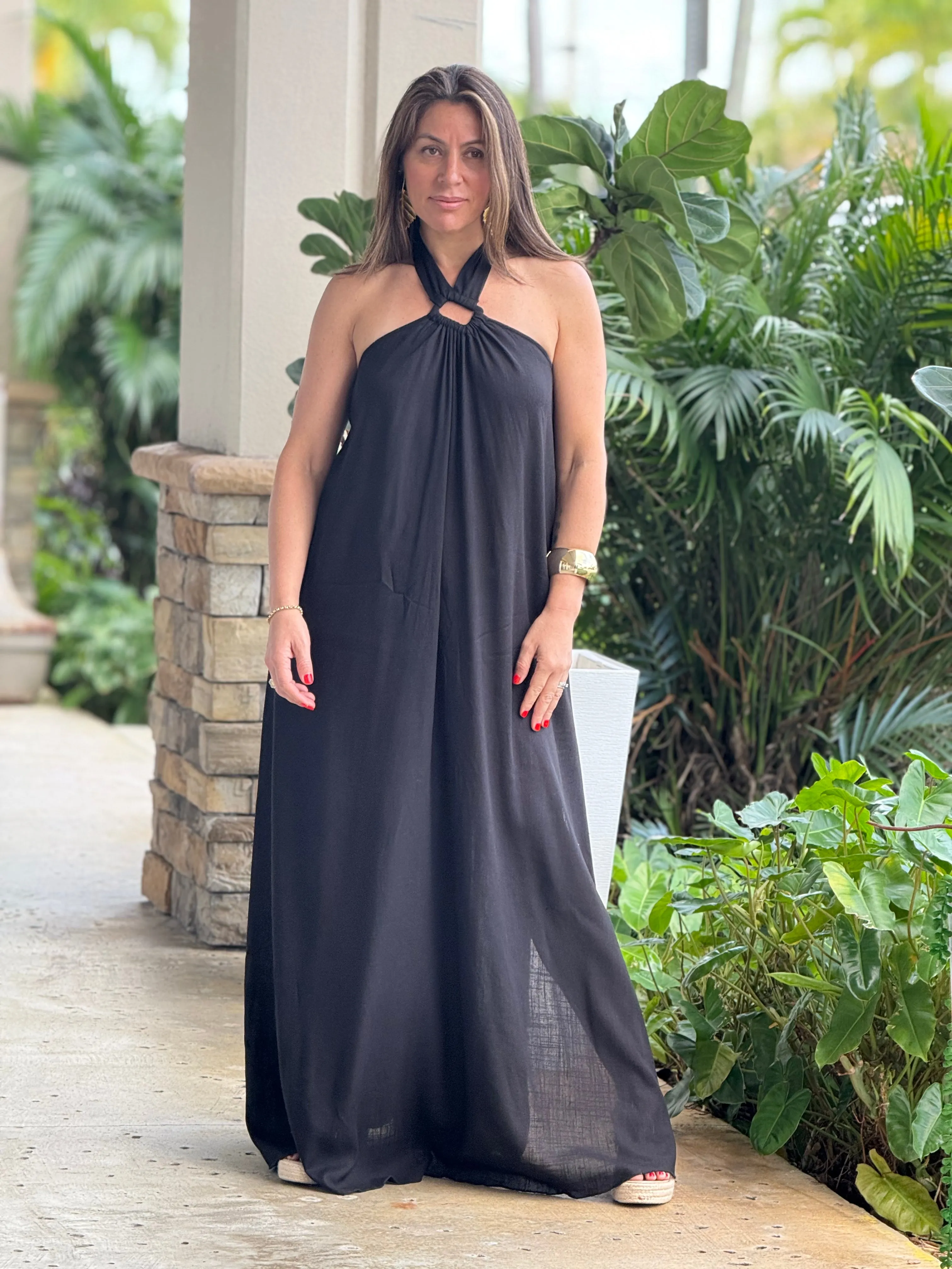 "Monique" Backless Linen Halter Maxi Dress