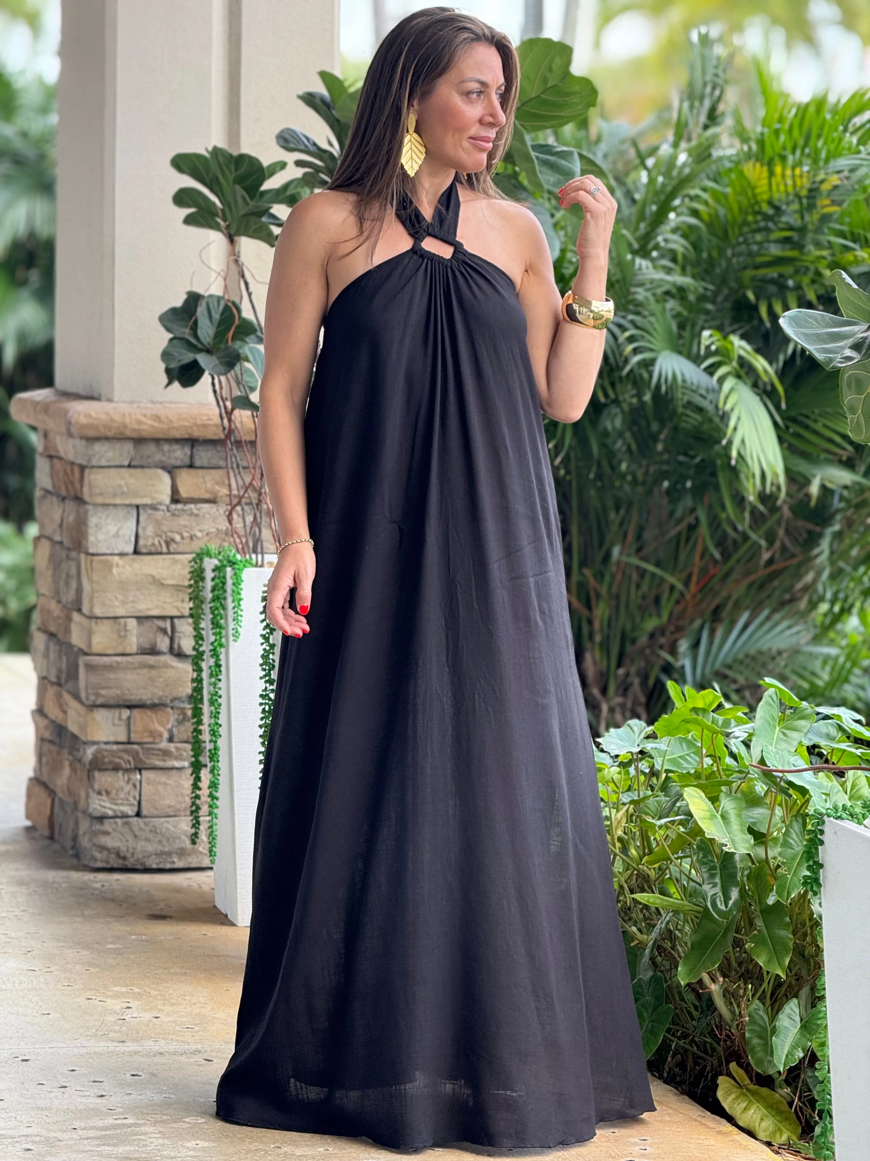"Monique" Backless Linen Halter Maxi Dress