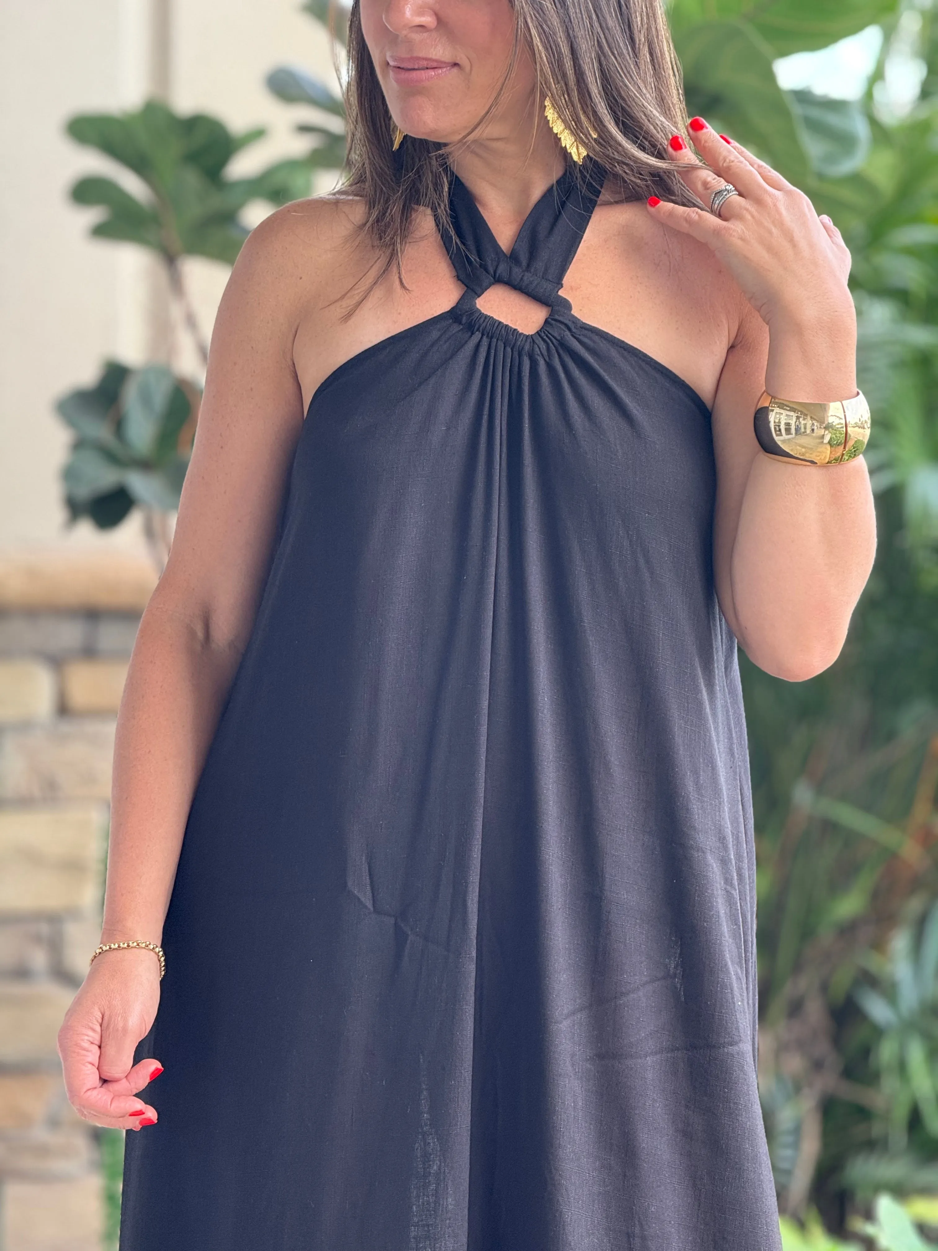 "Monique" Backless Linen Halter Maxi Dress