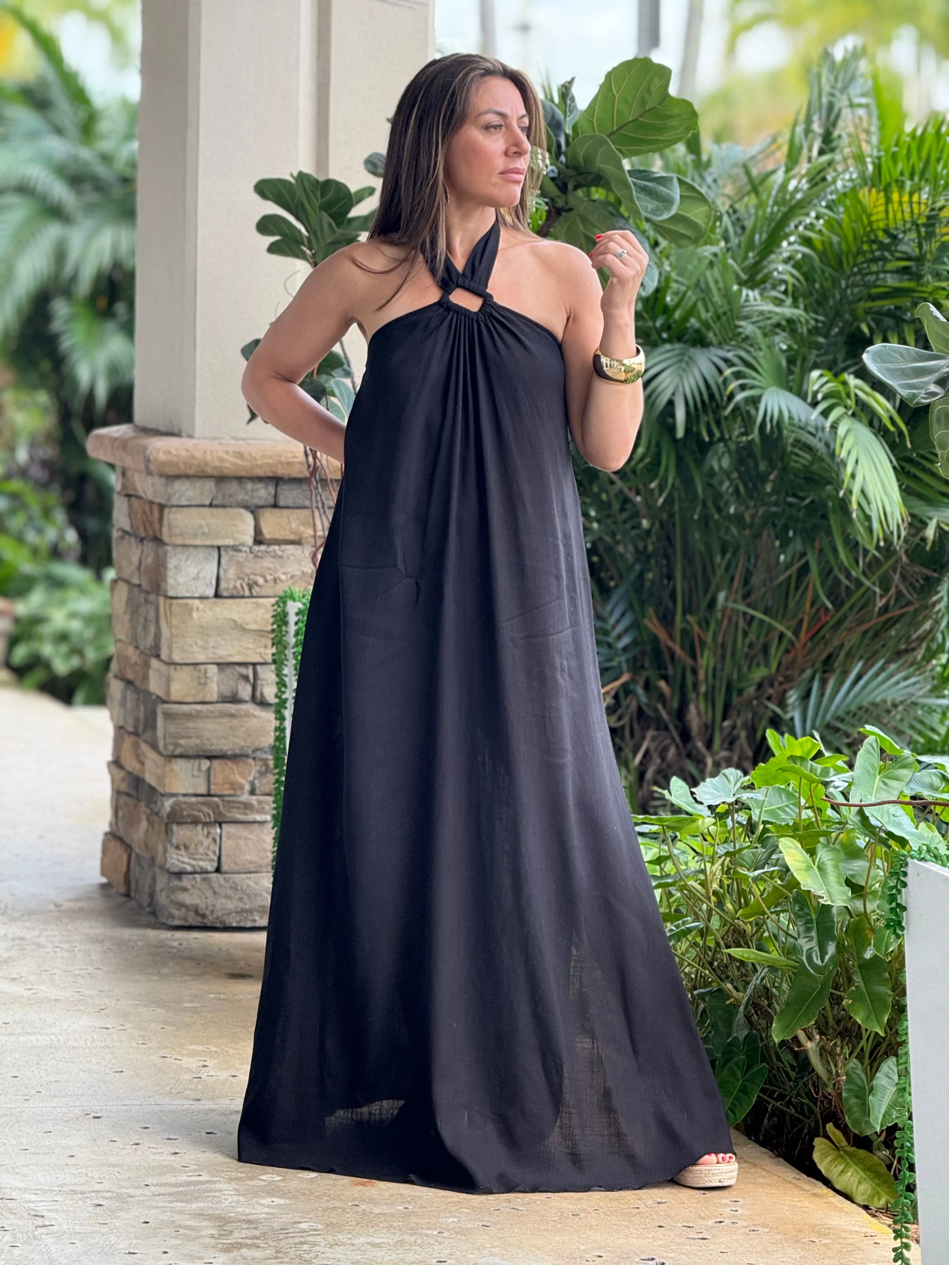 "Monique" Backless Linen Halter Maxi Dress