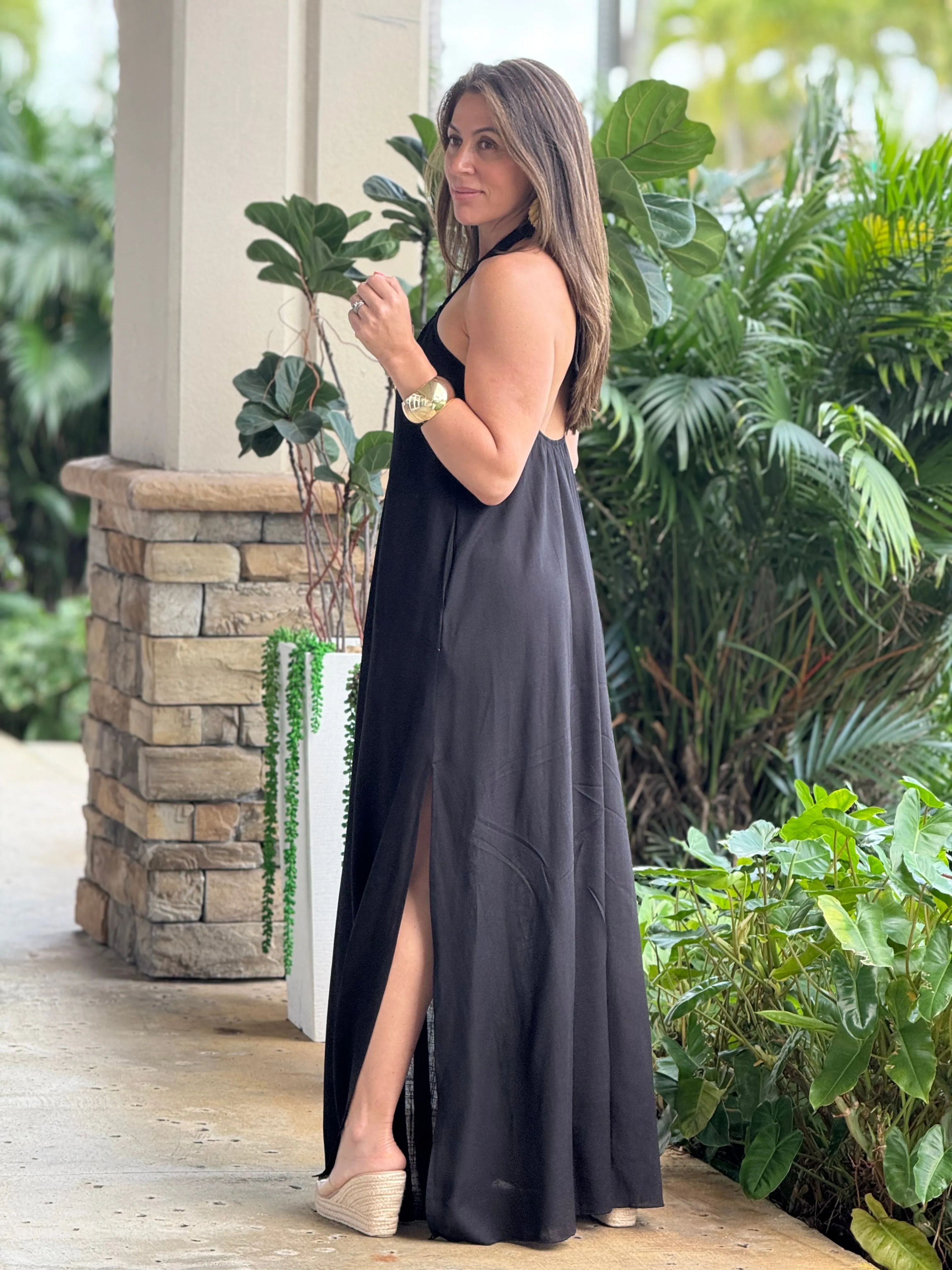 "Monique" Backless Linen Halter Maxi Dress