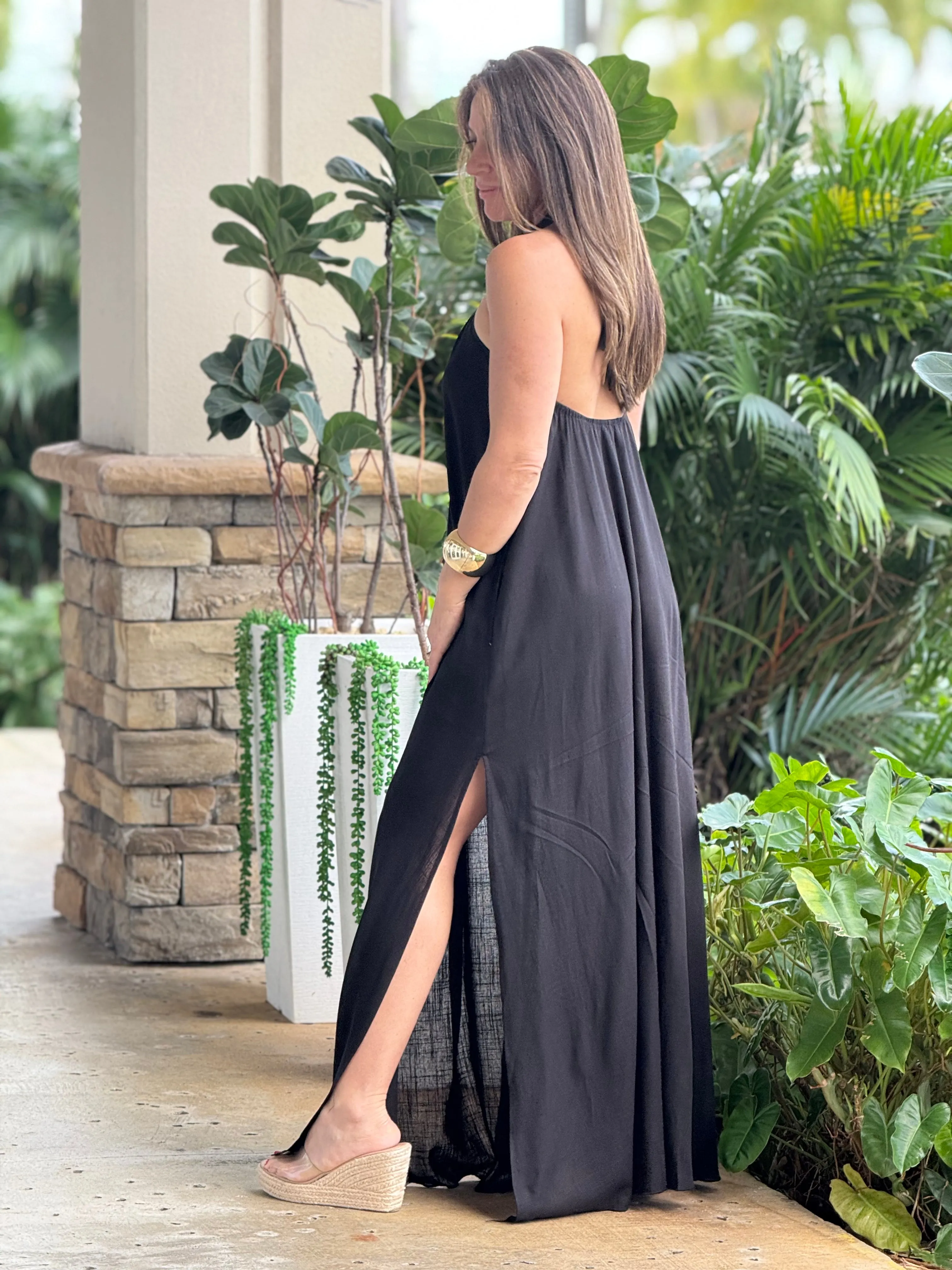 "Monique" Backless Linen Halter Maxi Dress
