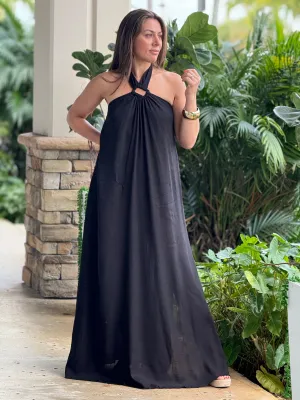 "Monique" Backless Linen Halter Maxi Dress