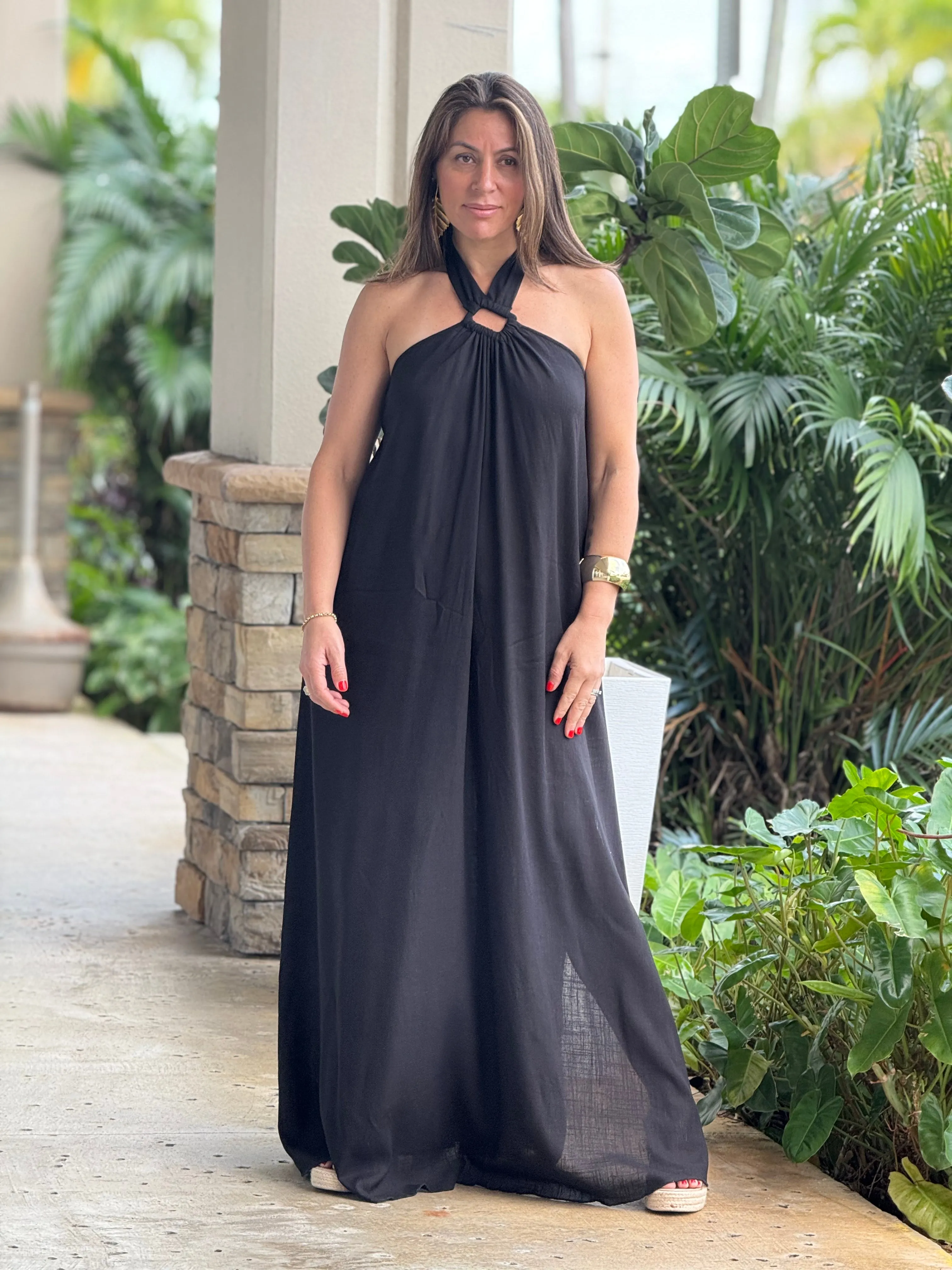 "Monique" Backless Linen Halter Maxi Dress