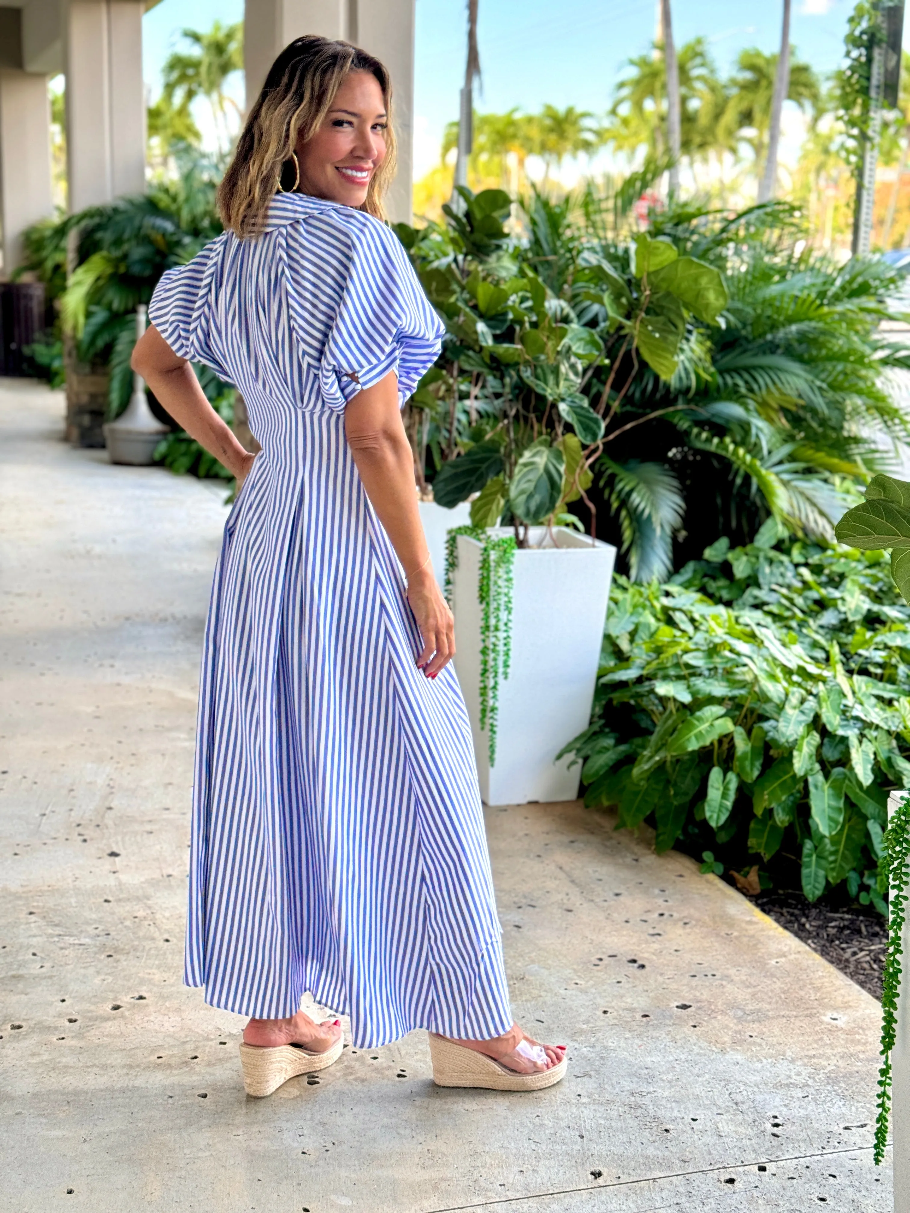 "Pia" Bubble Sleeve Button Down Maxi Dress