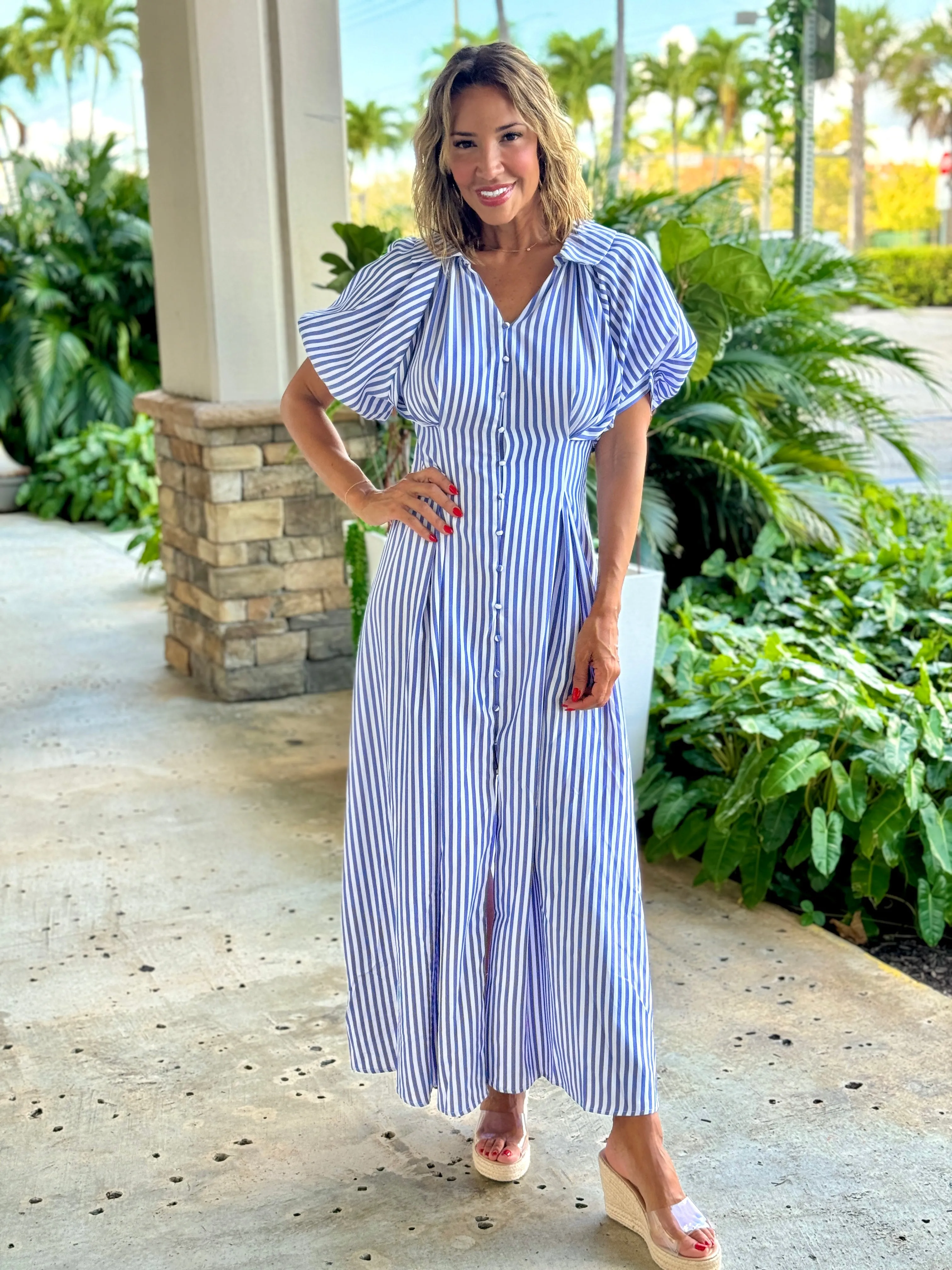 "Pia" Bubble Sleeve Button Down Maxi Dress