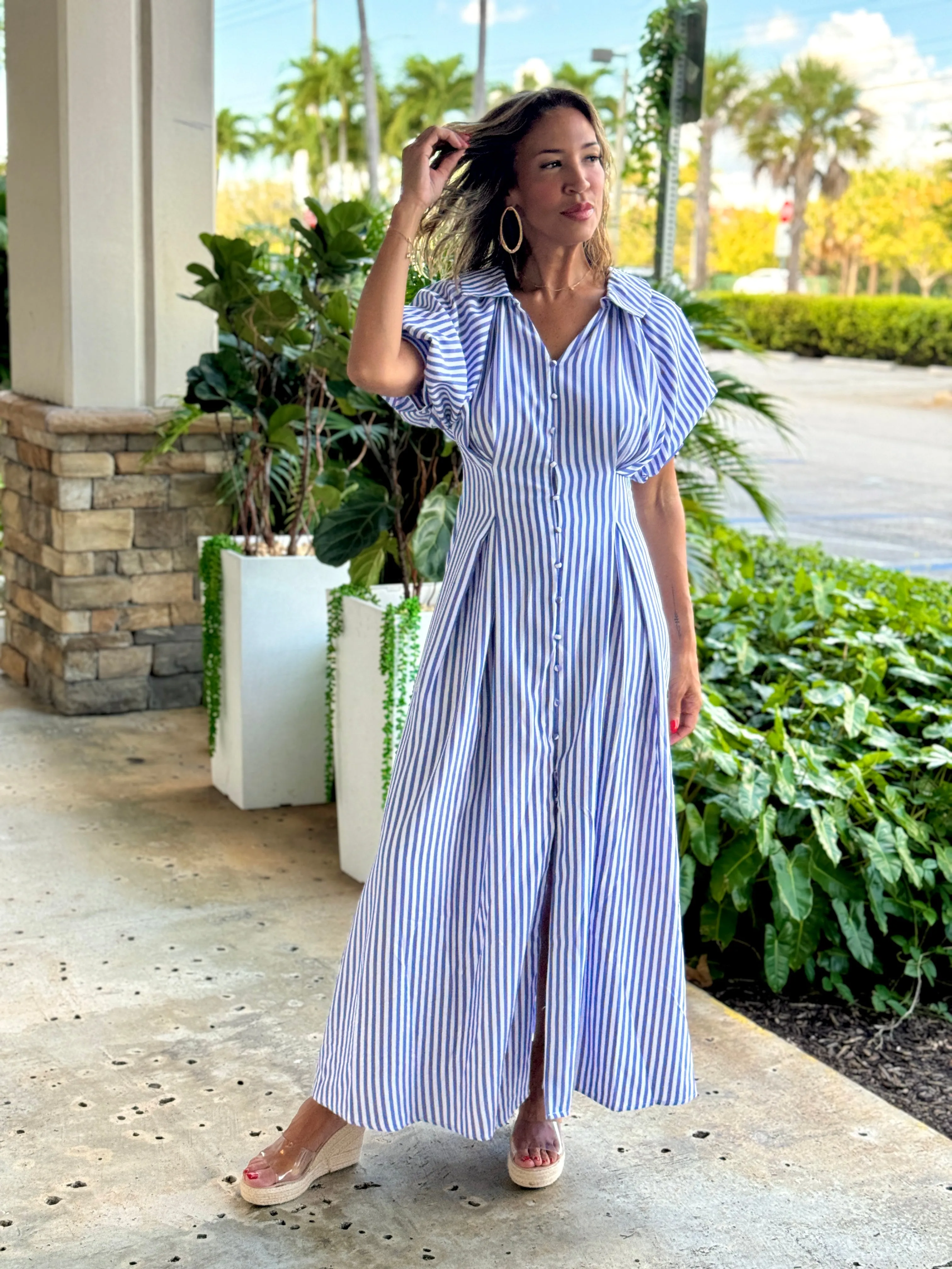 "Pia" Bubble Sleeve Button Down Maxi Dress