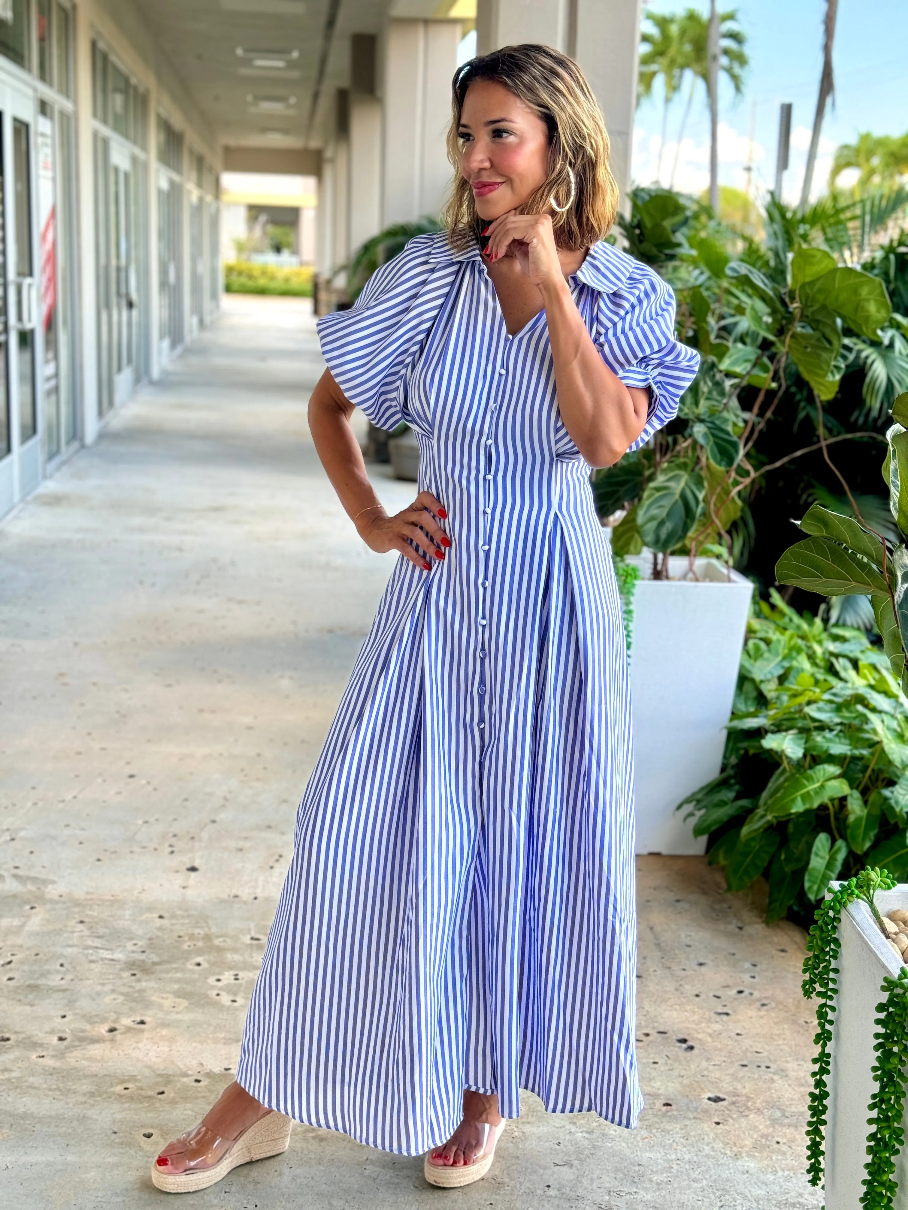 "Pia" Bubble Sleeve Button Down Maxi Dress