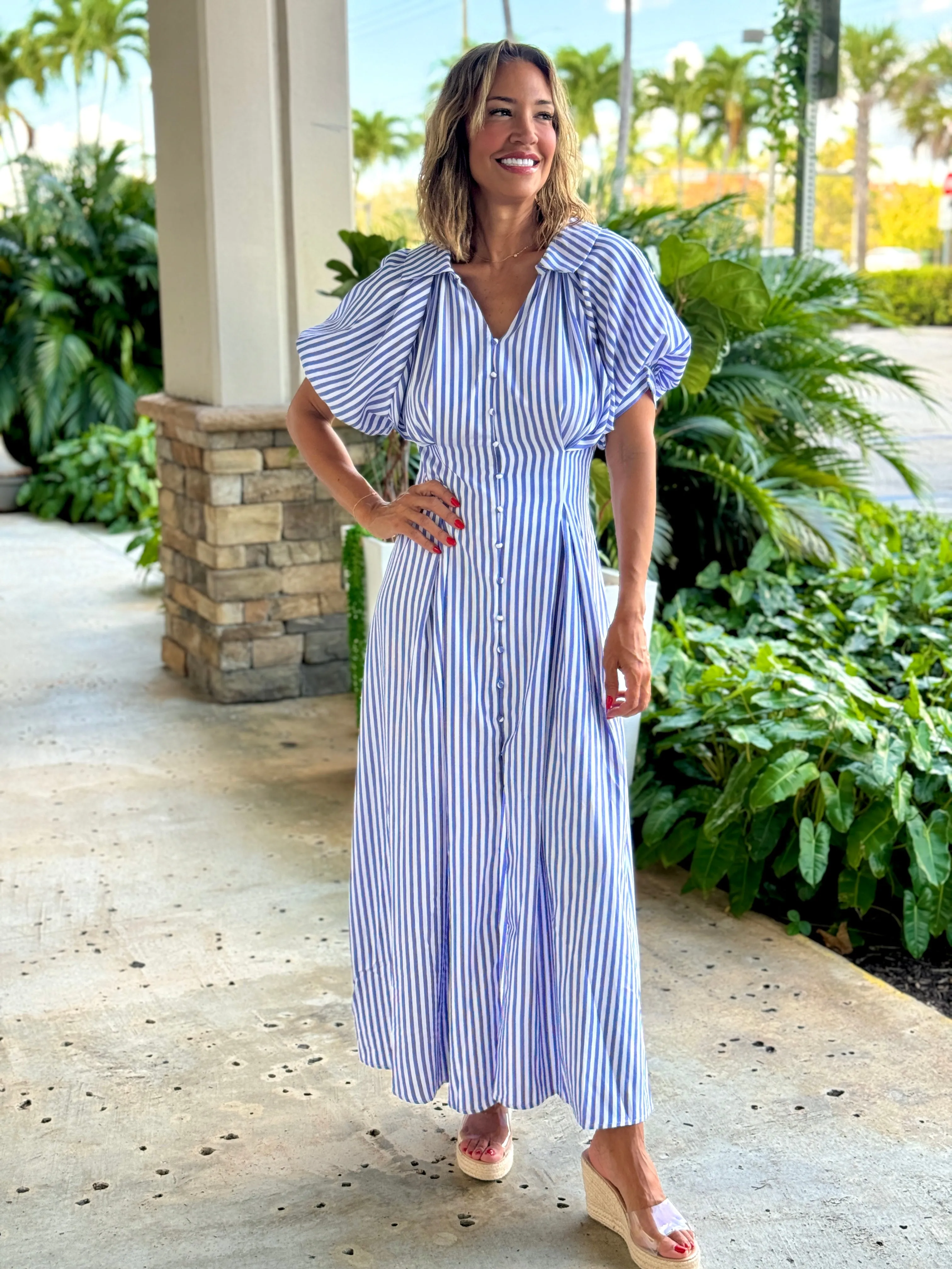 "Pia" Bubble Sleeve Button Down Maxi Dress