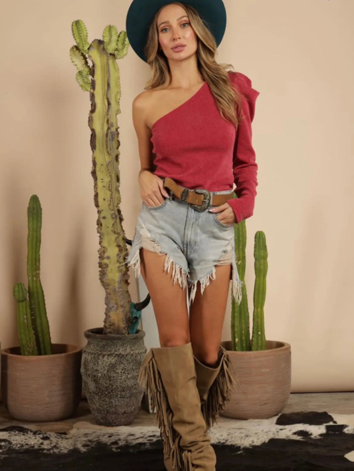 Red Hot One Shoulder Knit Top