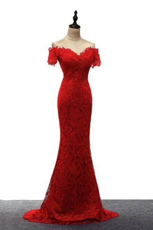 Red Off the Shoulder Mermaid Lace Prom Sweep Train Long Evening Dresses