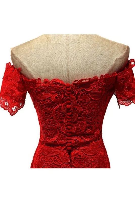 Red Off the Shoulder Mermaid Lace Prom Sweep Train Long Evening Dresses