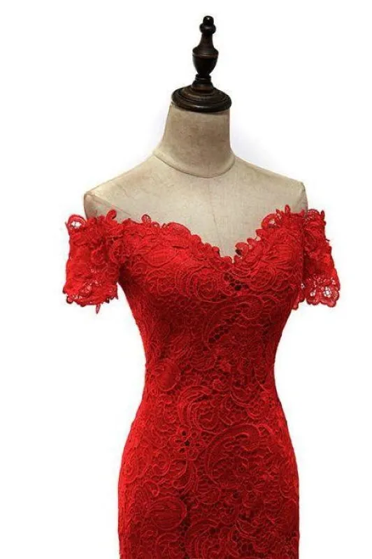 Red Off the Shoulder Mermaid Lace Prom Sweep Train Long Evening Dresses