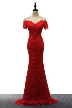 Red Off the Shoulder Mermaid Lace Prom Sweep Train Long Evening Dresses