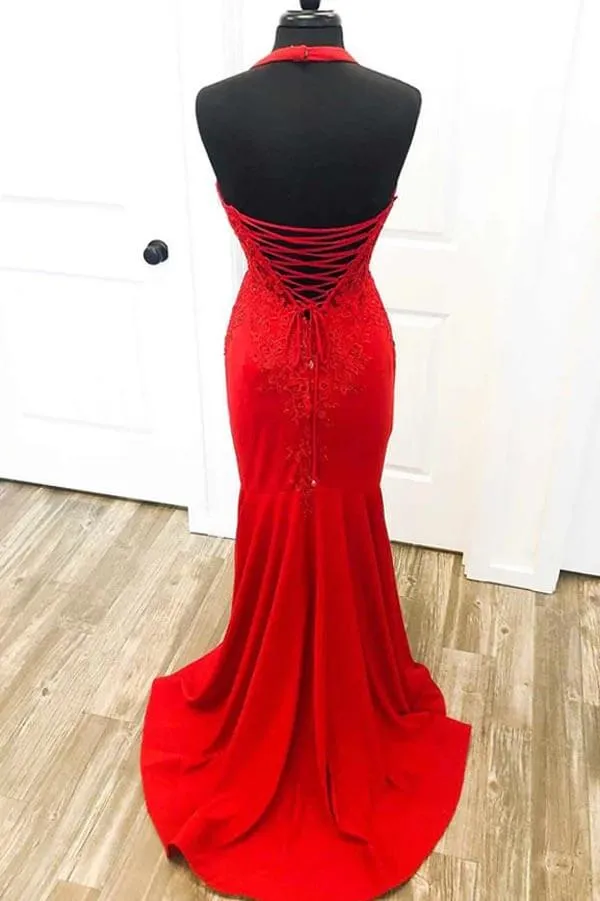Red Satin Mermaid Halter Long Prom Dresses With Lace Appliques, MP914