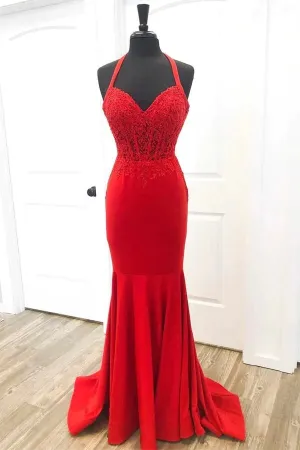 Red Satin Mermaid Halter Long Prom Dresses With Lace Appliques, MP914