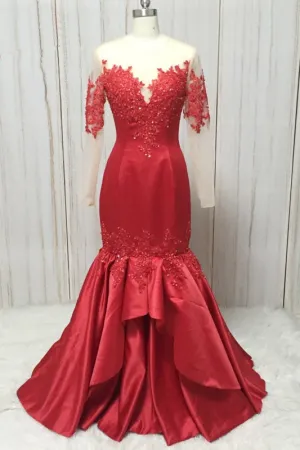Red Satin Round Neck Long Mermaid Lace Prom Dress With Long Sleeve