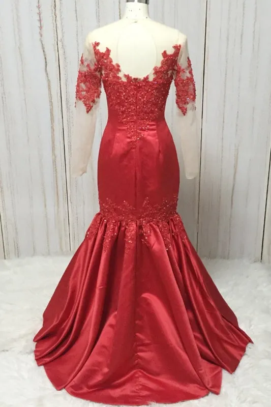 Red Satin Round Neck Long Mermaid Lace Prom Dress With Long Sleeve