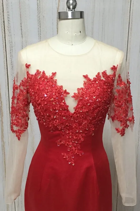 Red Satin Round Neck Long Mermaid Lace Prom Dress With Long Sleeve