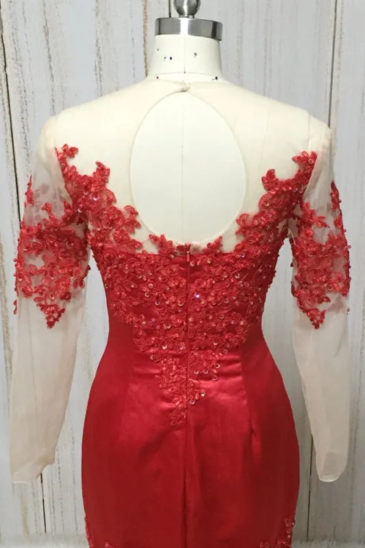 Red Satin Round Neck Long Mermaid Lace Prom Dress With Long Sleeve