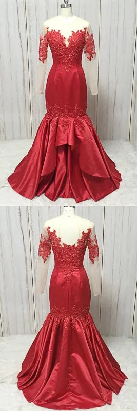 Red Satin Round Neck Long Mermaid Lace Prom Dress With Long Sleeve