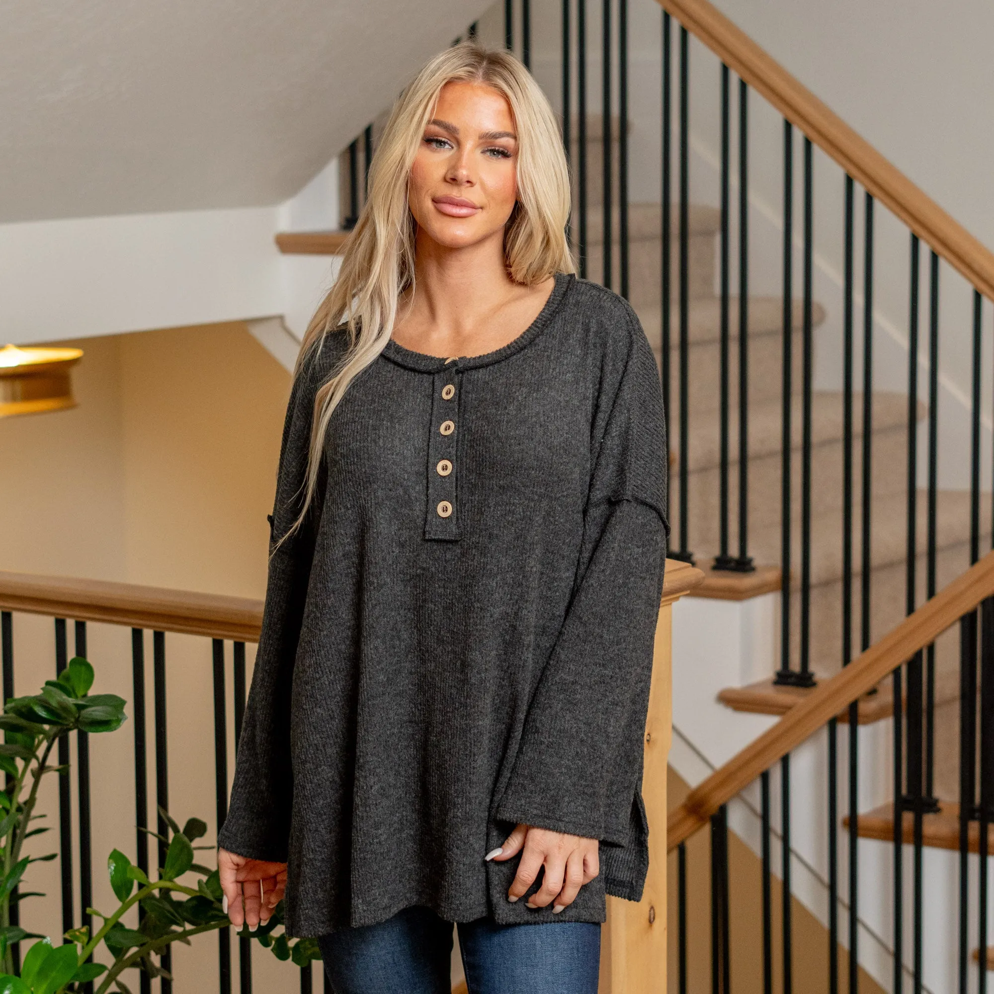 Ribbed Half Button Slit Knit Top Regular & Plus Sizes