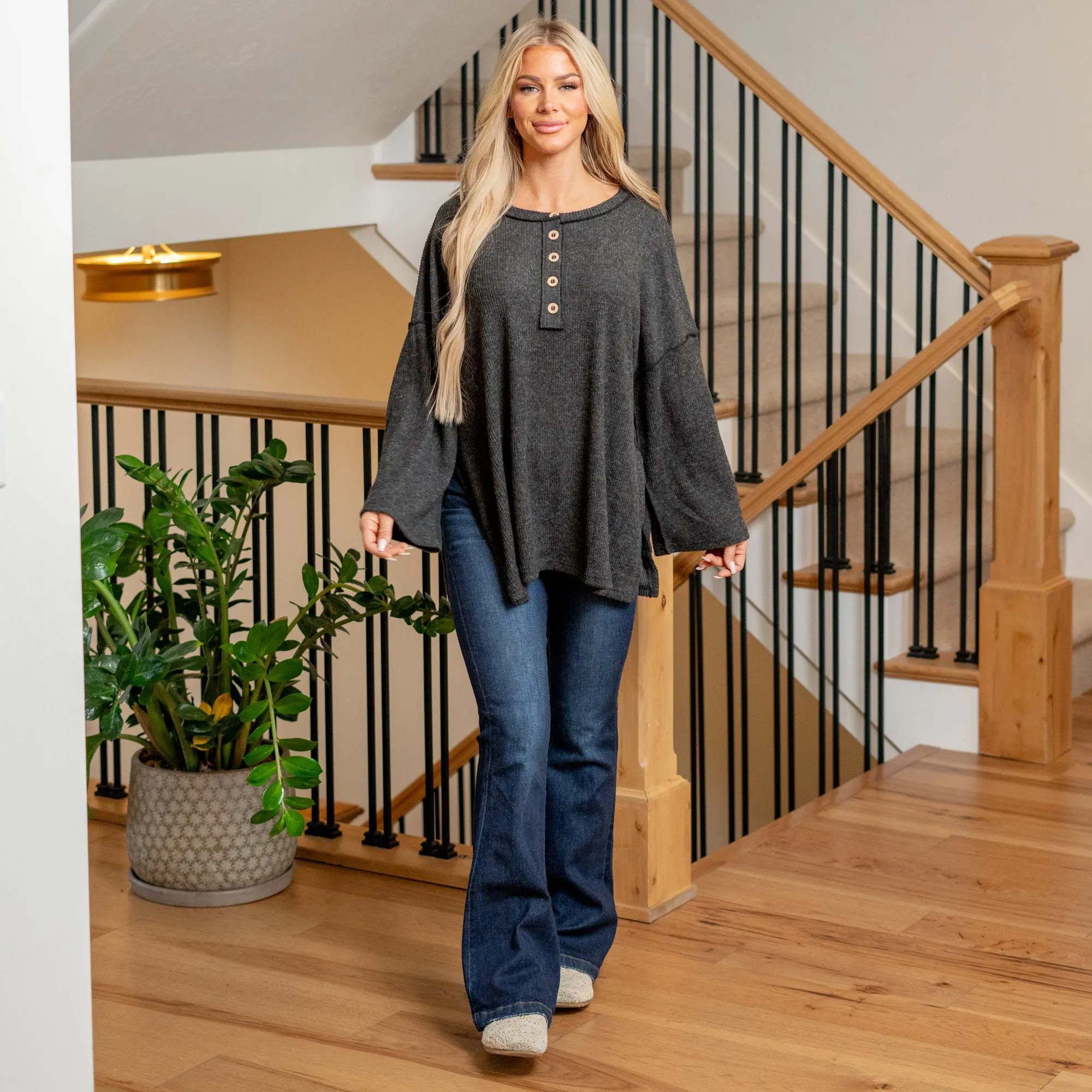 Ribbed Half Button Slit Knit Top Regular & Plus Sizes