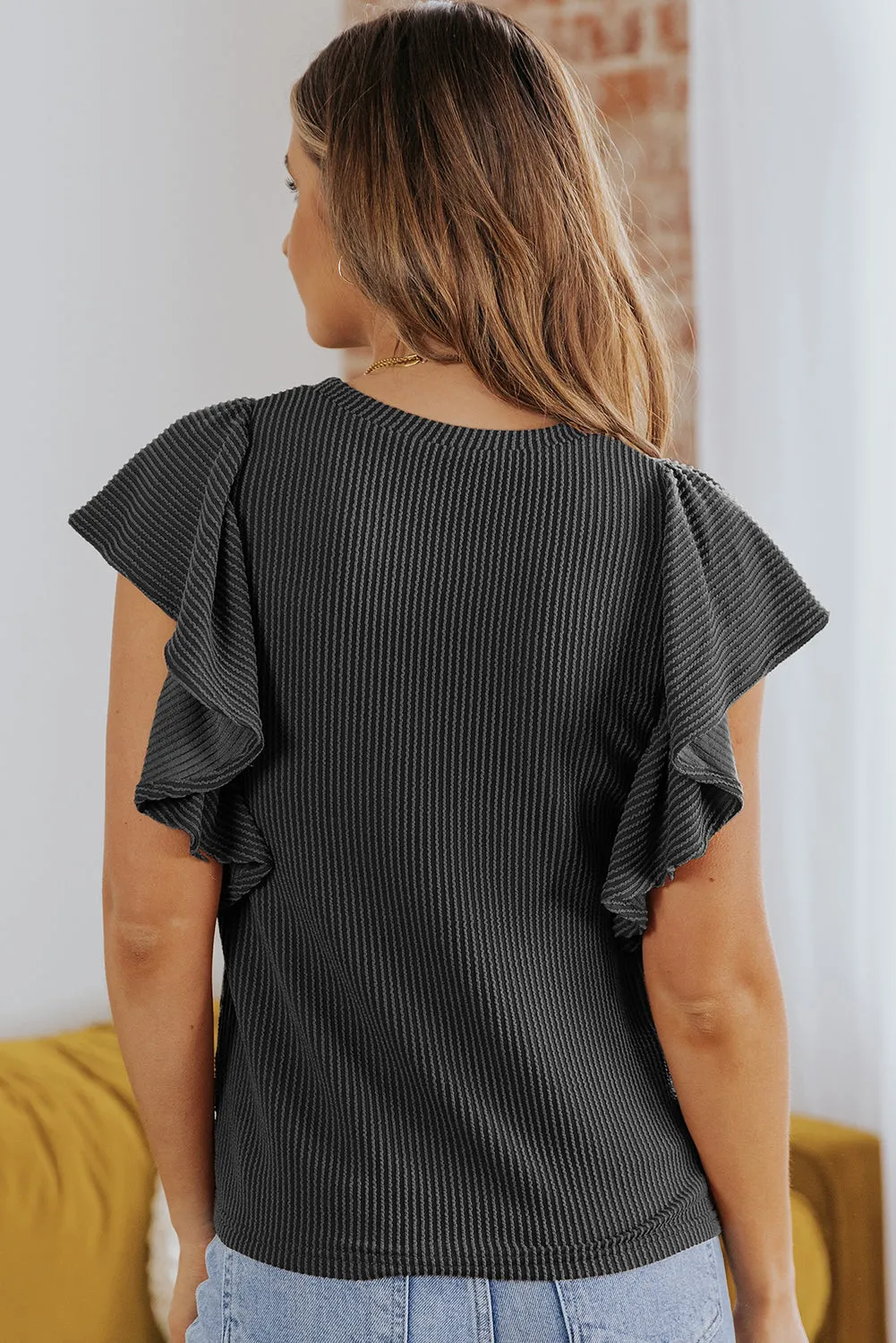 Ribbed Ruffle Trim Round Neck Top (3 Colors)