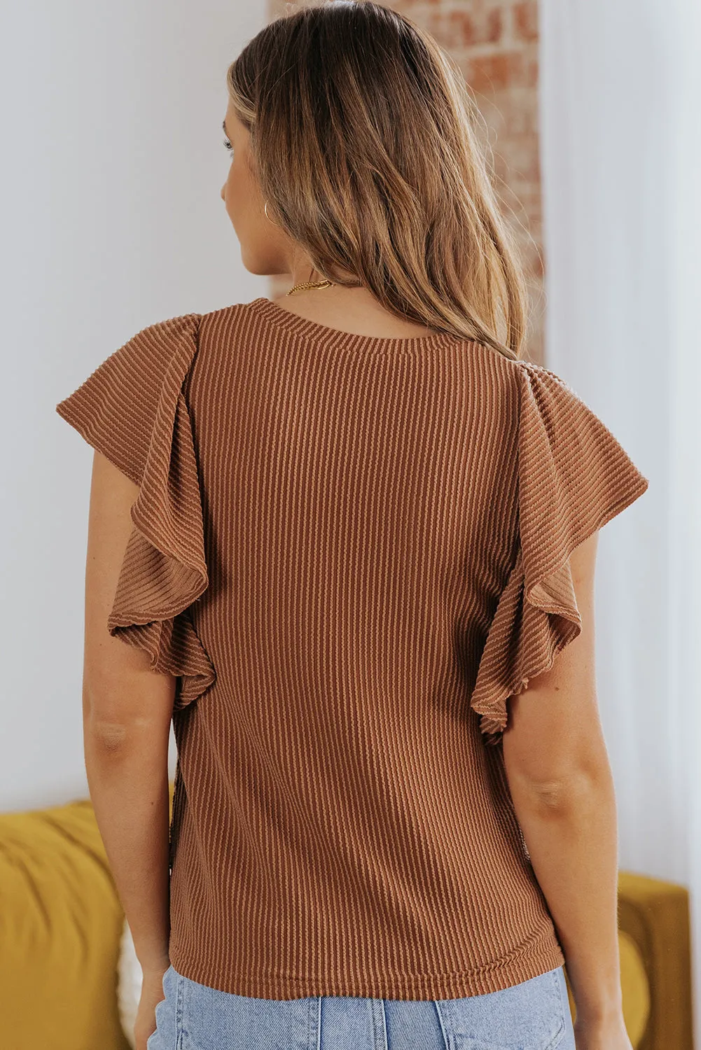 Ribbed Ruffle Trim Round Neck Top (3 Colors)