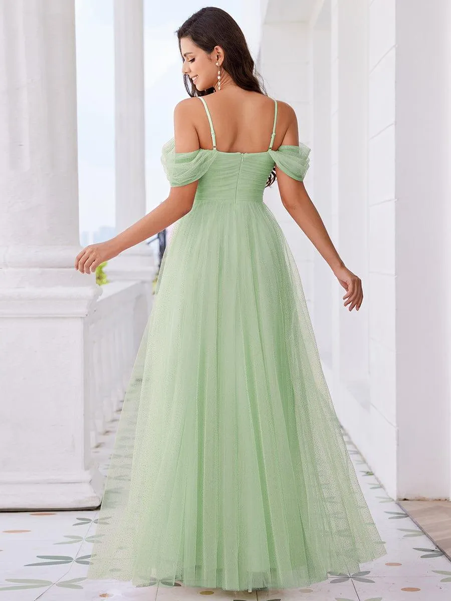 Robe de demoiselle d'honneur trapèze en tulle dos nu avec bretelles spaghetti