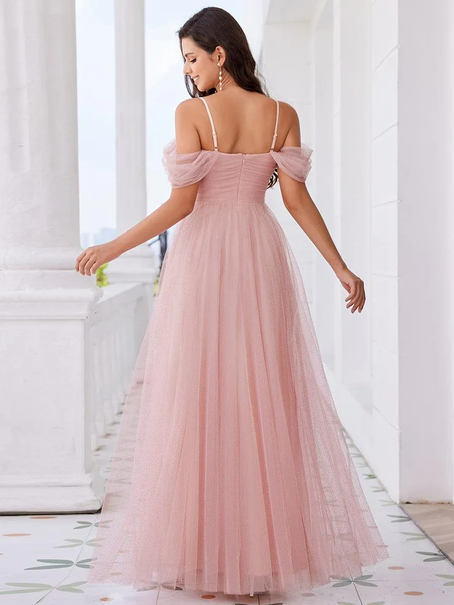 Robe de demoiselle d'honneur trapèze en tulle dos nu avec bretelles spaghetti