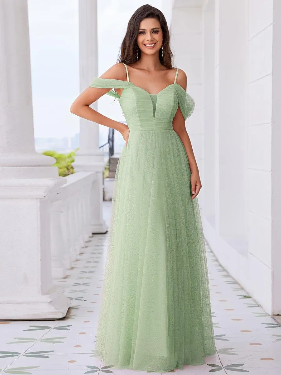 Robe de demoiselle d'honneur trapèze en tulle dos nu avec bretelles spaghetti
