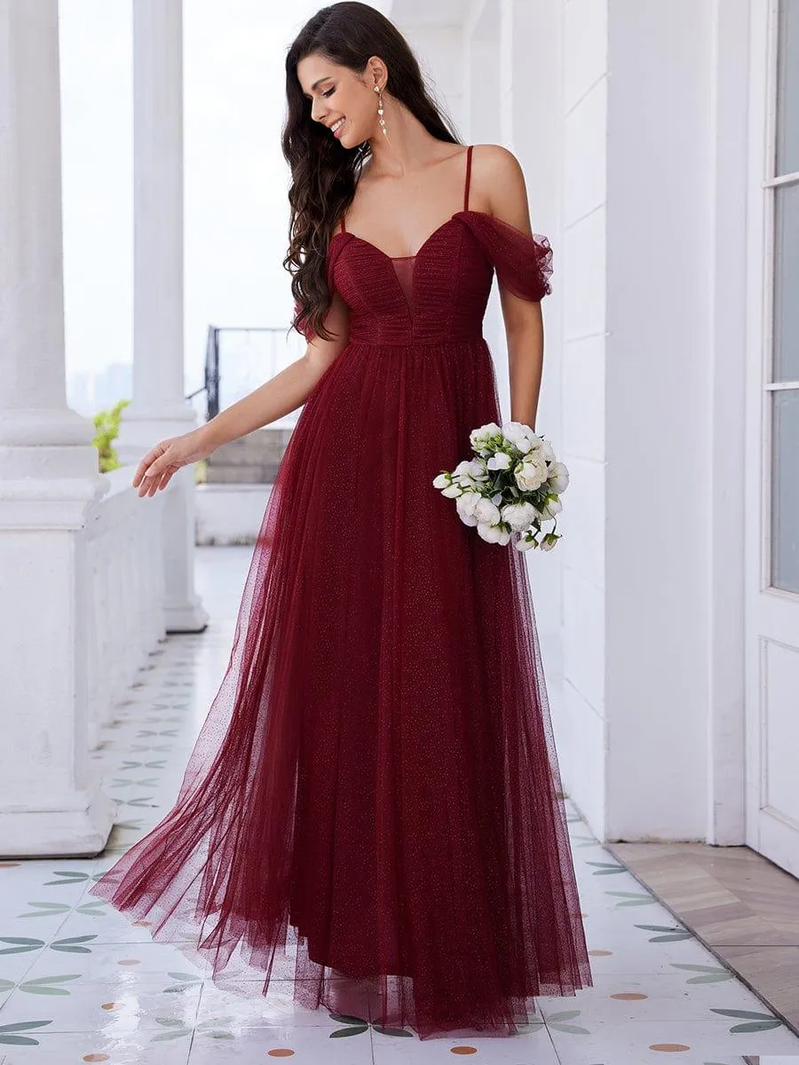 Robe de demoiselle d'honneur trapèze en tulle dos nu avec bretelles spaghetti