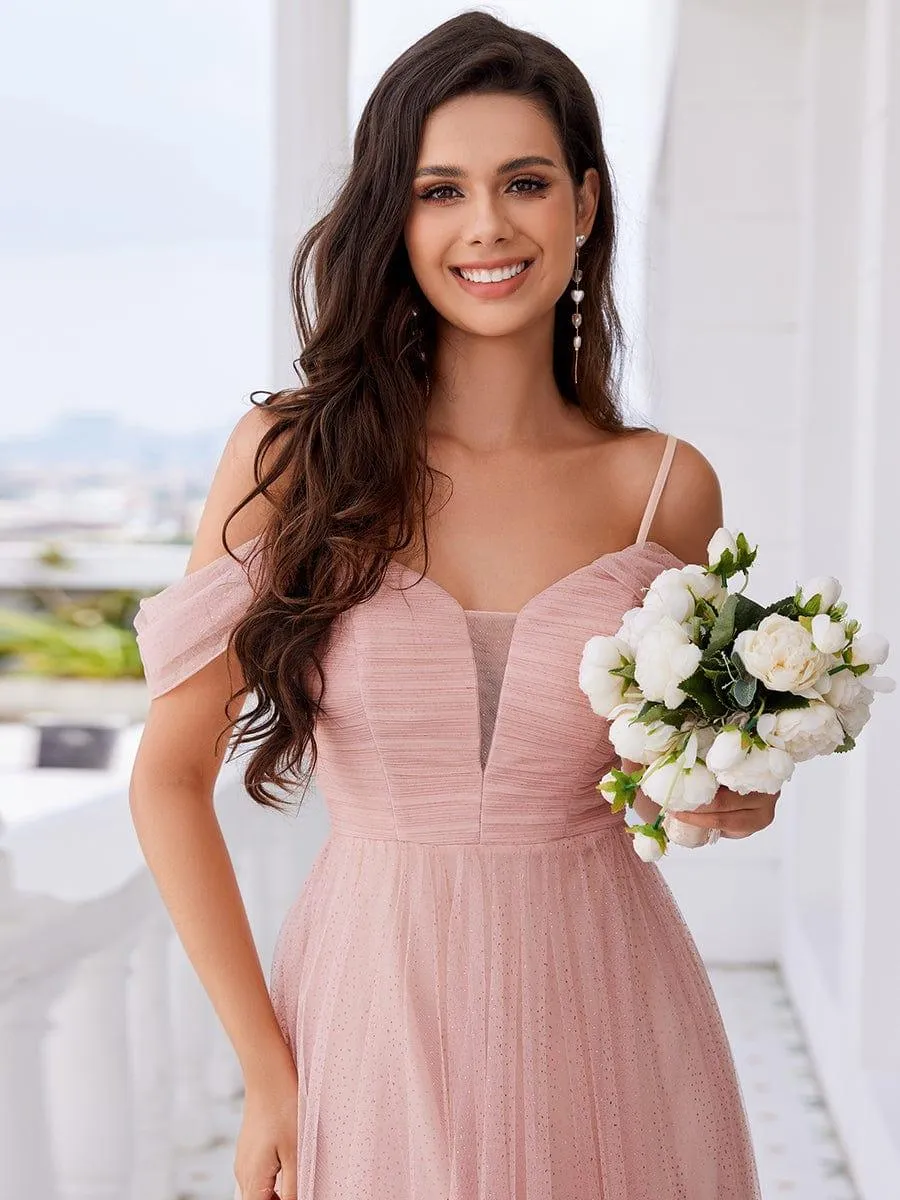 Robe de demoiselle d'honneur trapèze en tulle dos nu avec bretelles spaghetti