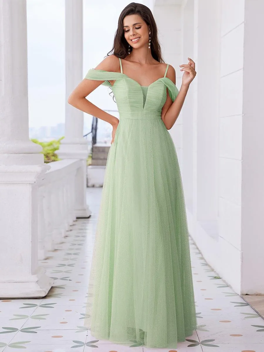 Robe de demoiselle d'honneur trapèze en tulle dos nu avec bretelles spaghetti