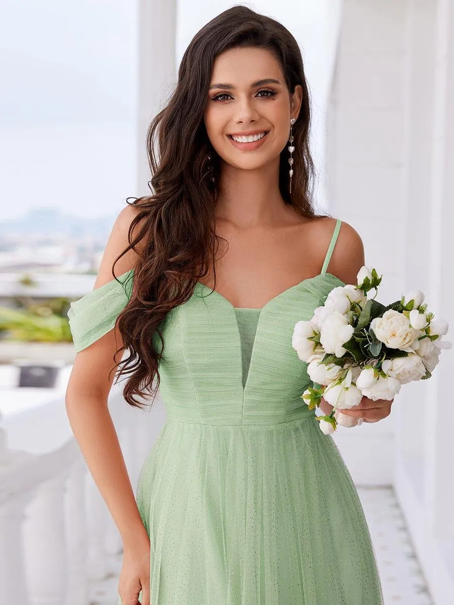 Robe de demoiselle d'honneur trapèze en tulle dos nu avec bretelles spaghetti