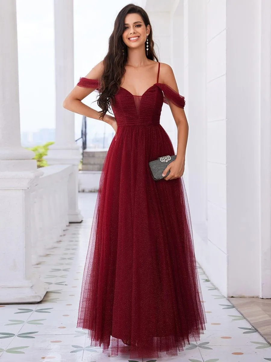 Robe de demoiselle d'honneur trapèze en tulle dos nu avec bretelles spaghetti
