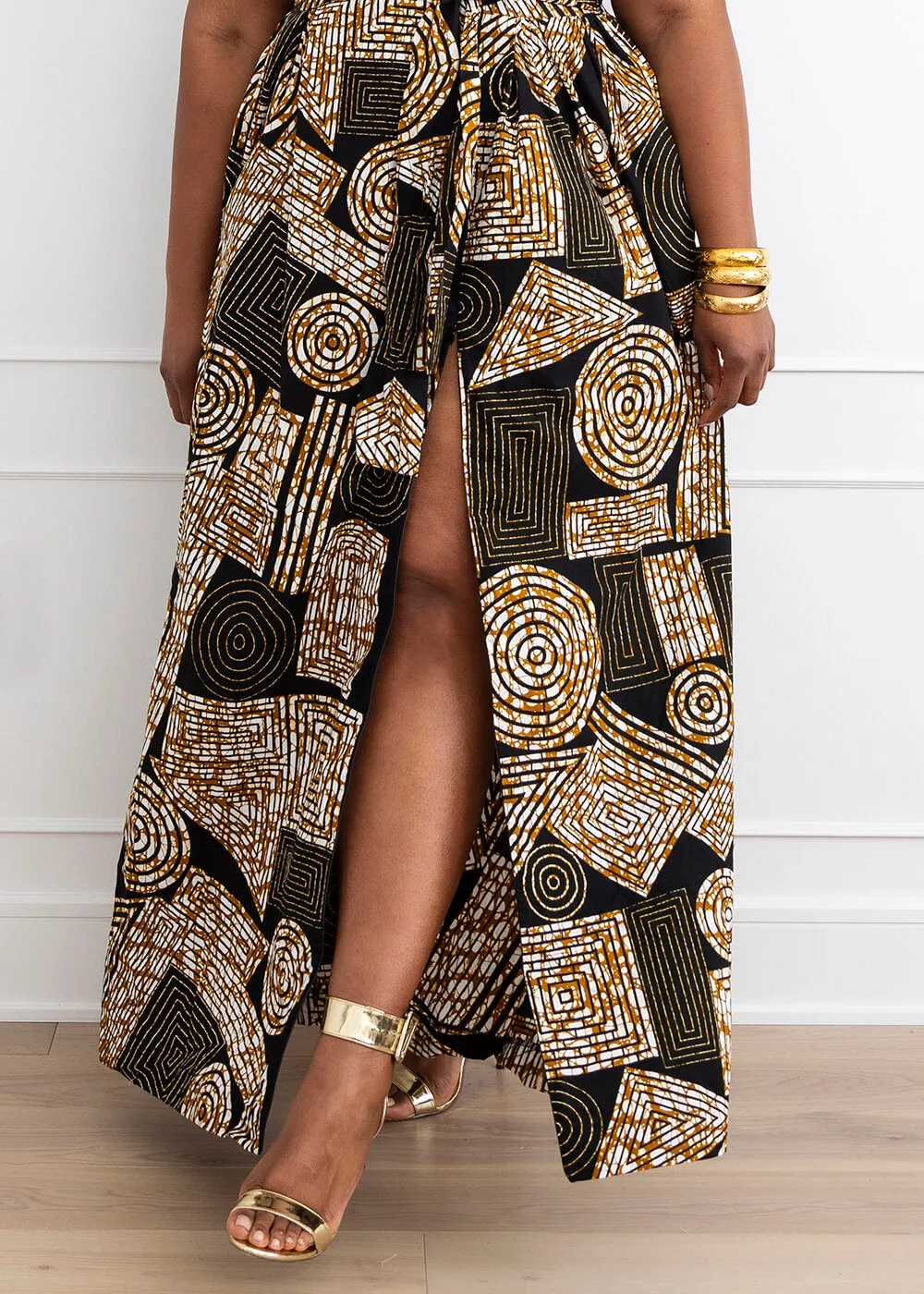 Ronke African Print Halter Maxi Dress (Black Brown Geometric)