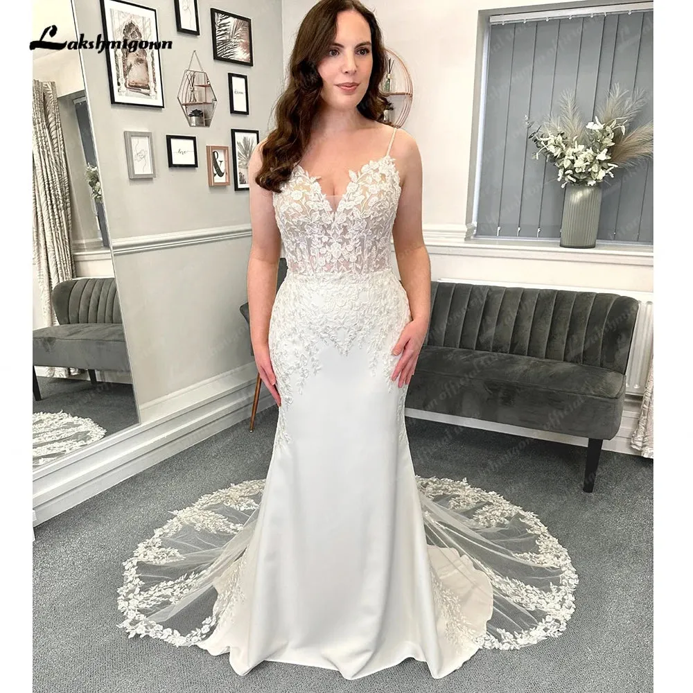 Roycebridal Sexy Mermaid Soft Satin Lace Wedding Dress for Women 2025 Vedtidos De Noiva Bridal Gowns Spaghetti Straps