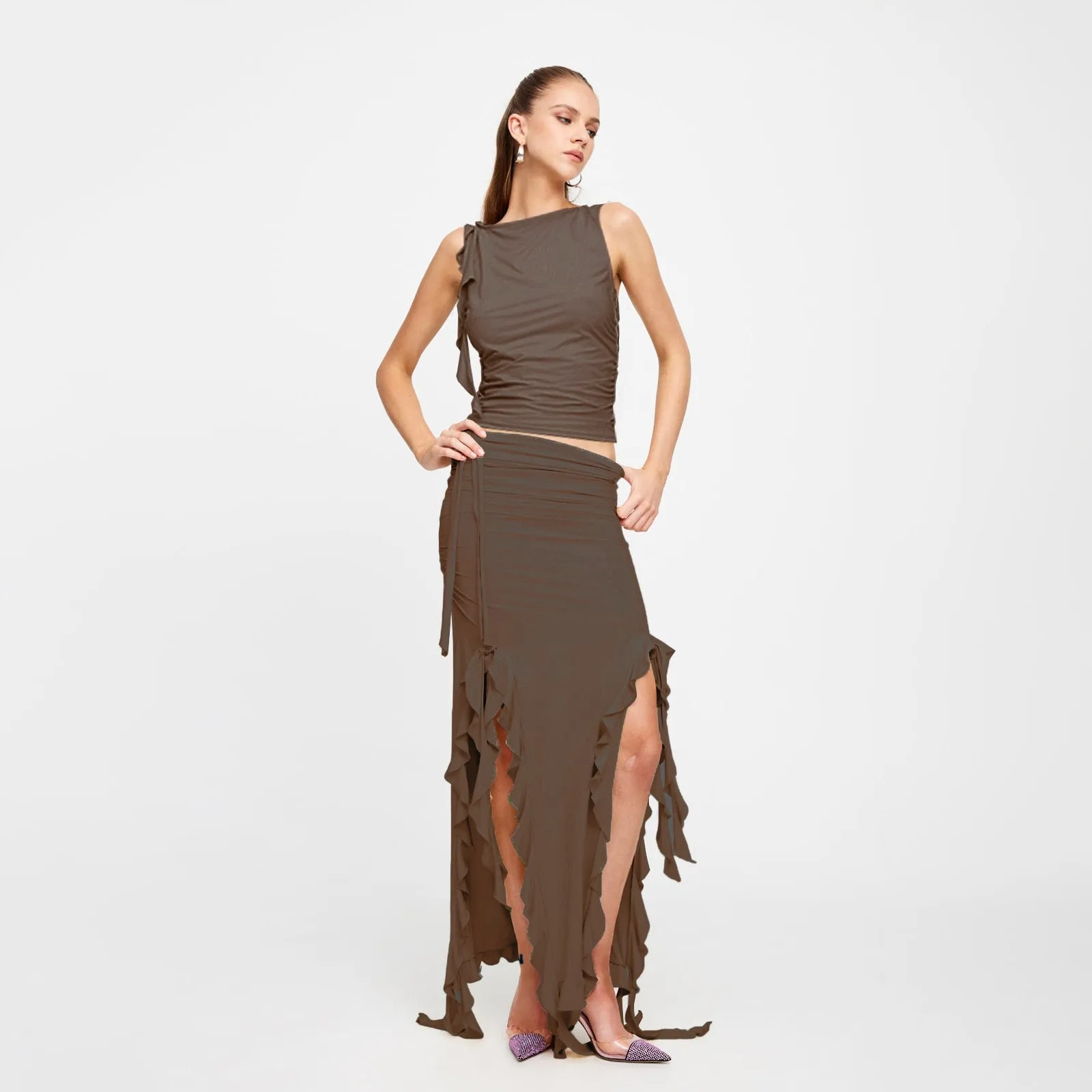 Ruffles Crop Tank Top Maxi Skirt 2 Pcs Sets