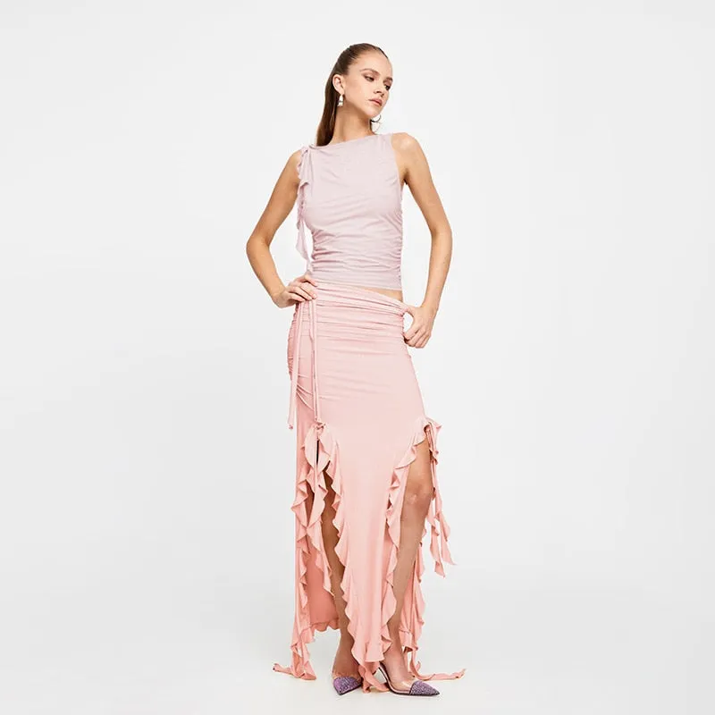Ruffles Crop Tank Top Maxi Skirt 2 Pcs Sets
